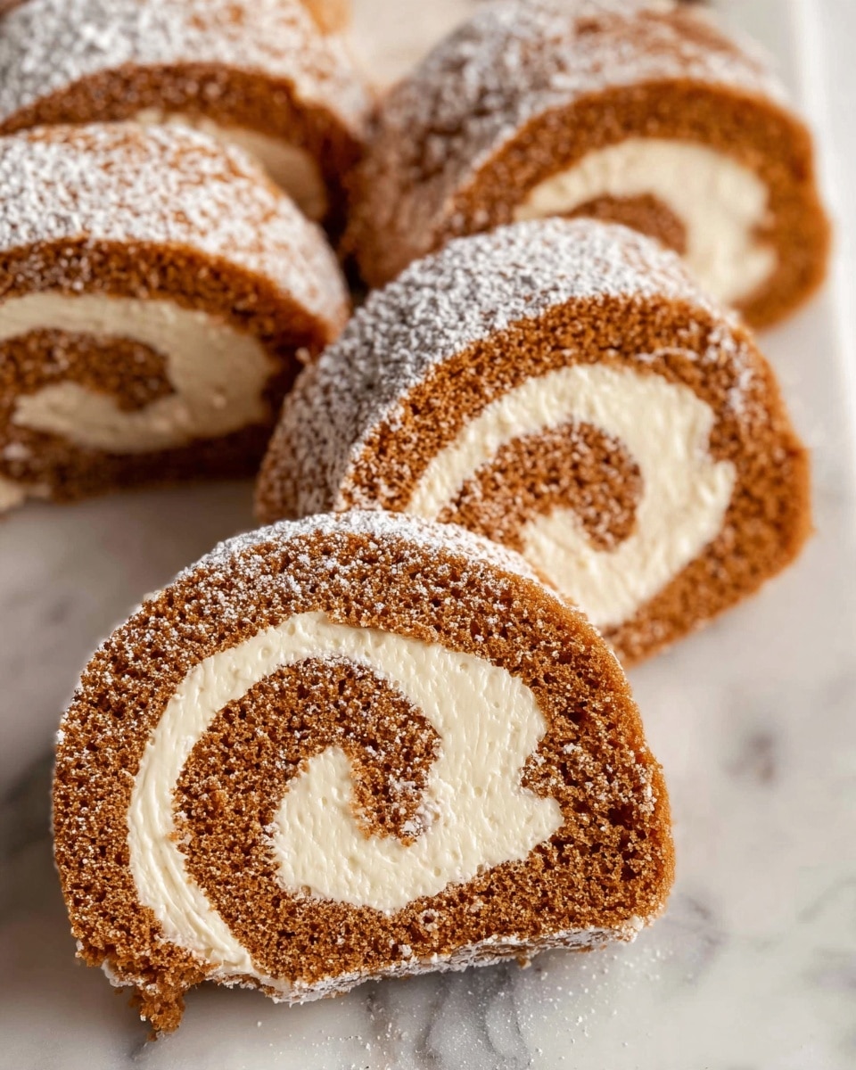 The image shows several slices of a rolled cake with two layers each: a light brown soft cake layer and a thick creamy white filling evenly spread inside the roll. The outer cake layer has a slightly rough texture and is dusted with a fine white powder on top. The slices are arranged on a white marbled surface close to each other, showing the spiraled swirl of the cake and cream filling clearly. photo taken with an iphone --ar 4:5 --v 7