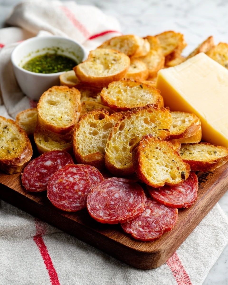 A wooden board is filled with two main layers: the bottom layer has thinly sliced round salami pieces in a red tone, arranged near a block of pale yellow cheese, while the top layer features a scattered pile of small toasted golden-brown bread slices with rough edges and visible air holes. Behind the board, there is a small white bowl filled with a green dipping sauce. The whole setup is placed on a white cloth with thin red stripes, on a white marbled textured surface. Photo taken with an iphone --ar 4:5 --v 7