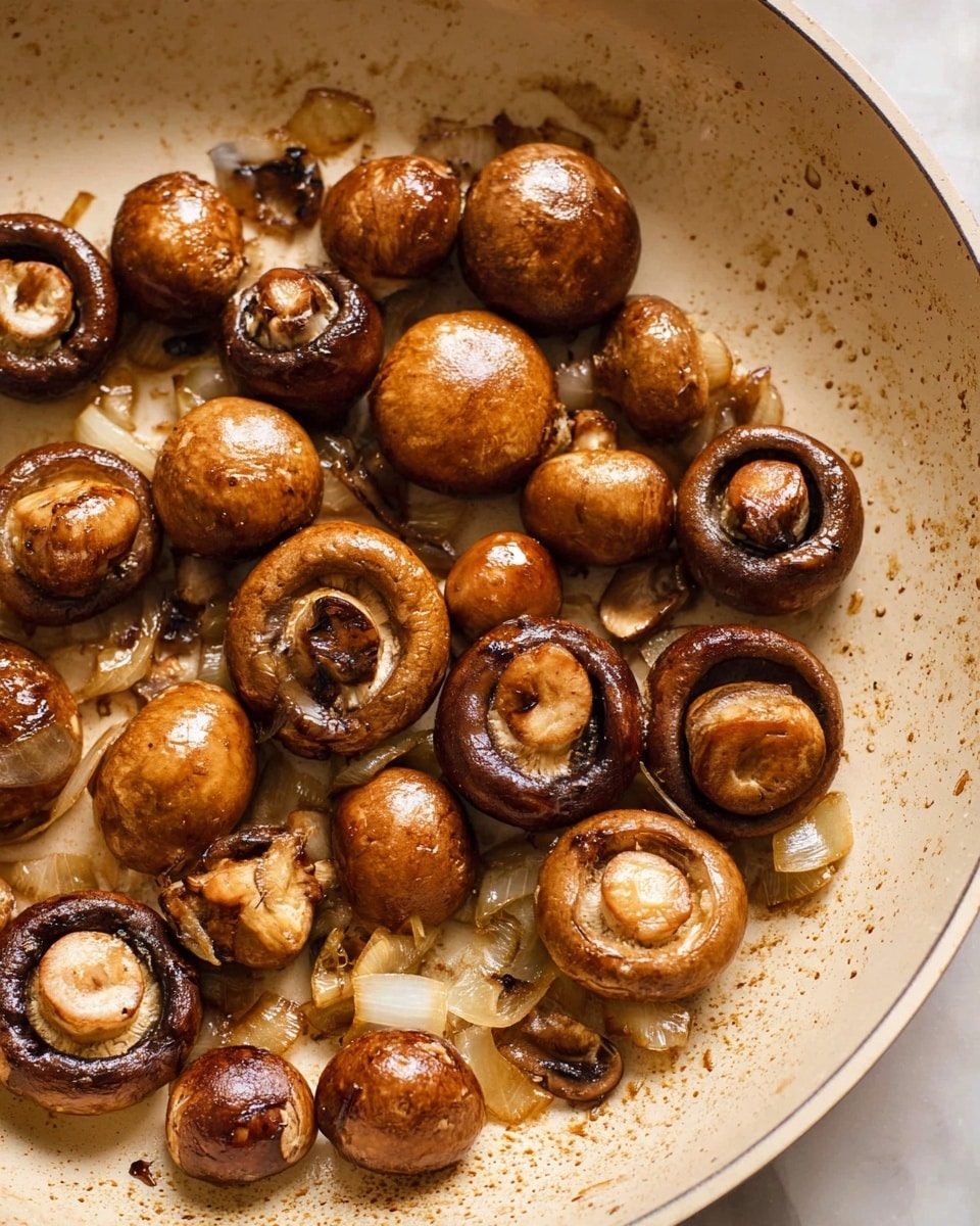 A close-up view of a frying pan showing about twenty cooked mushrooms in different shades of brown, mixed with small translucent pieces of cooked onion. The mushrooms are glossy with a soft texture, some whole and some with the top turned up showing dark gills inside. The pan has a beige inside and has small browned spots from cooking. The background surface is white with a soft marbled texture. Photo taken with an iphone --ar 4:5 --v 7