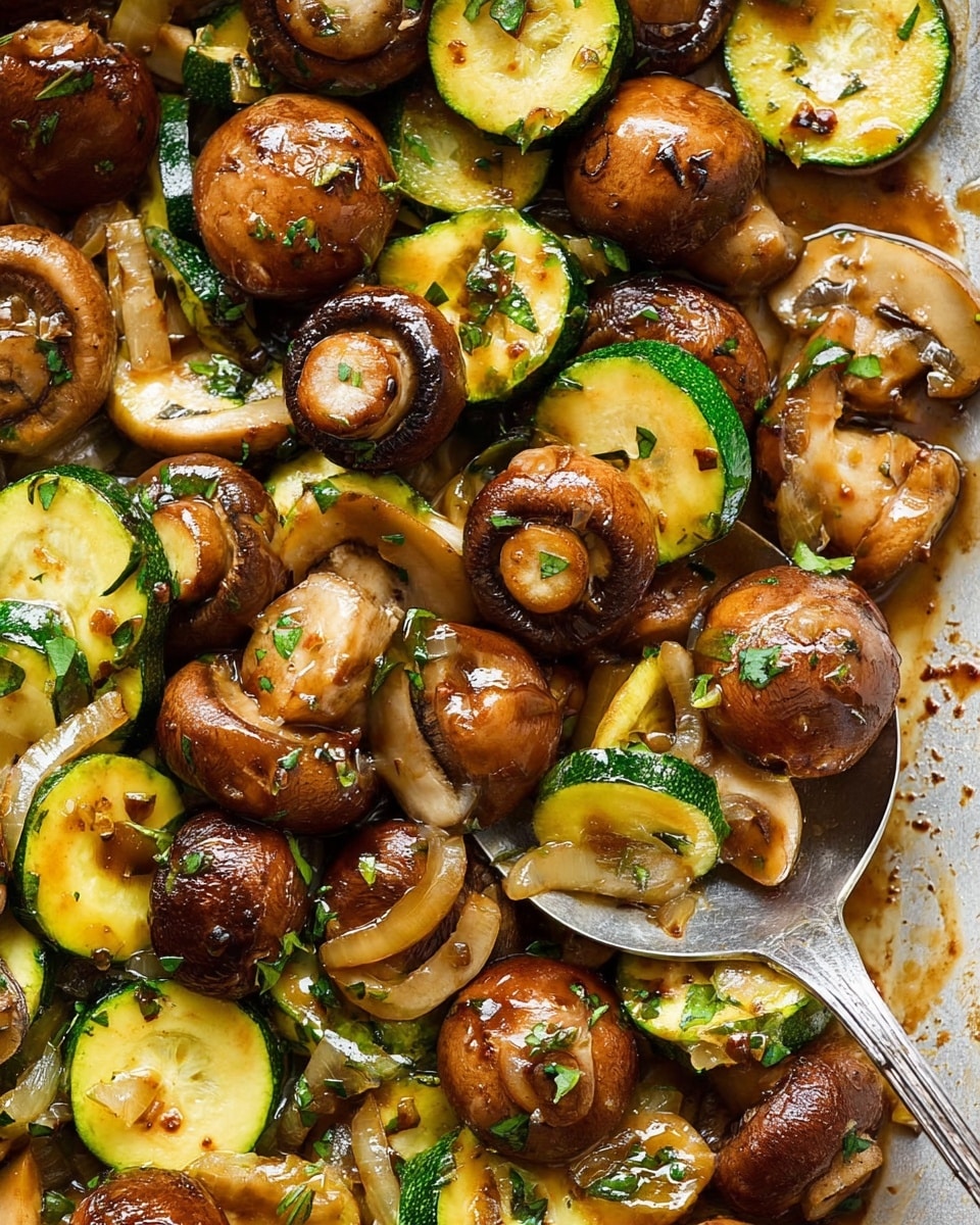 The image shows a close-up of cooked mushrooms and sliced zucchini mixed together, coated in a light brown sauce. The mushrooms are whole and brown, some showing a shiny, slightly crispy texture. The zucchini slices are green on the edge with a yellow interior, showing some soft cooked texture. Small bits of green herbs and tiny pieces of cooked onion are scattered throughout. A silver spoon is placed among the vegetables, resting on a white marbled surface beneath. The overall look is moist and flavorful with a mix of round mushrooms and curved zucchini pieces. photo taken with an iphone --ar 4:5 --v 7