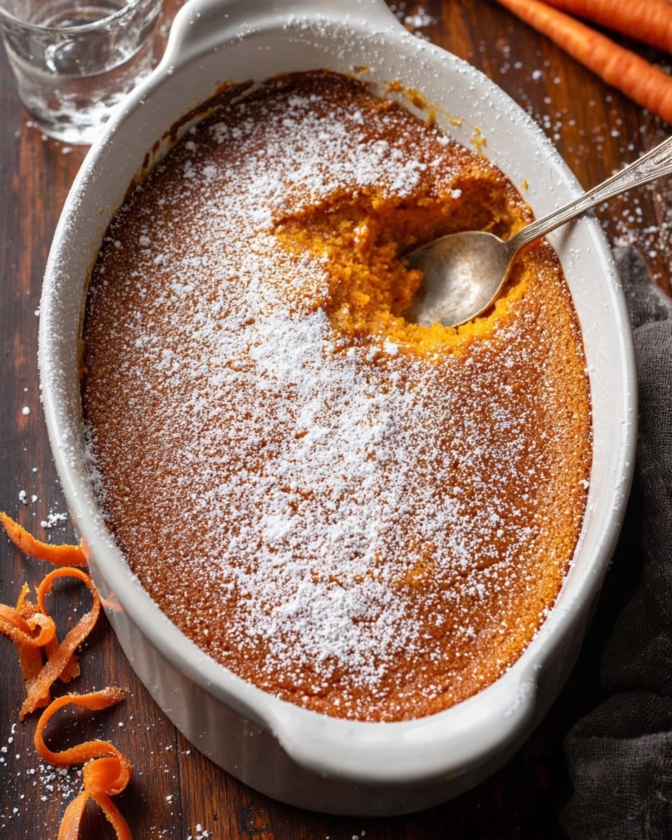 A close-up of a spoon holding a portion of soft, moist orange sweet potato casserole with a lightly browned top sprinkled with powdered sugar. The inside layer is creamy and textured with small sweet potato chunks, while the top layer has a golden crust. In the background, the rest of the casserole shows a similar orange color under the browned surface, all placed on a white marbled texture. The spoon is held by a woman's hand. photo taken with an iphone --ar 4:5 --v 7
