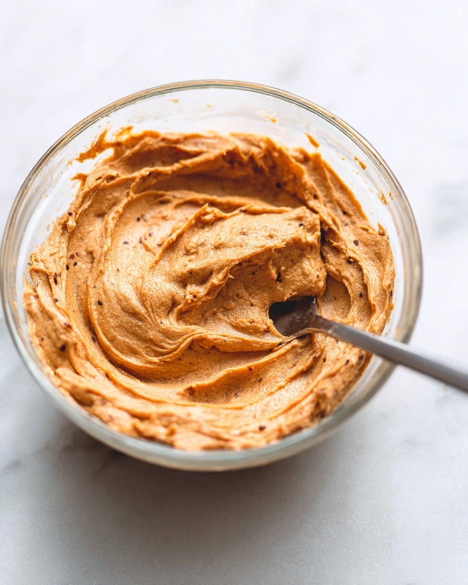 A glass bowl filled with a thick, creamy spread that has a light brownish-orange color with visible small dark specks throughout, giving it a textured appearance. The spread is swirled smoothly with folds and peaks on the surface, creating a rich layered effect. A metal spoon is partially dipped into the spread from the right side, resting inside the bowl. The scene is set on a white marbled surface with soft natural lighting that highlights the texture and color of the spread. photo taken with an iphone --ar 4:5 --v 7