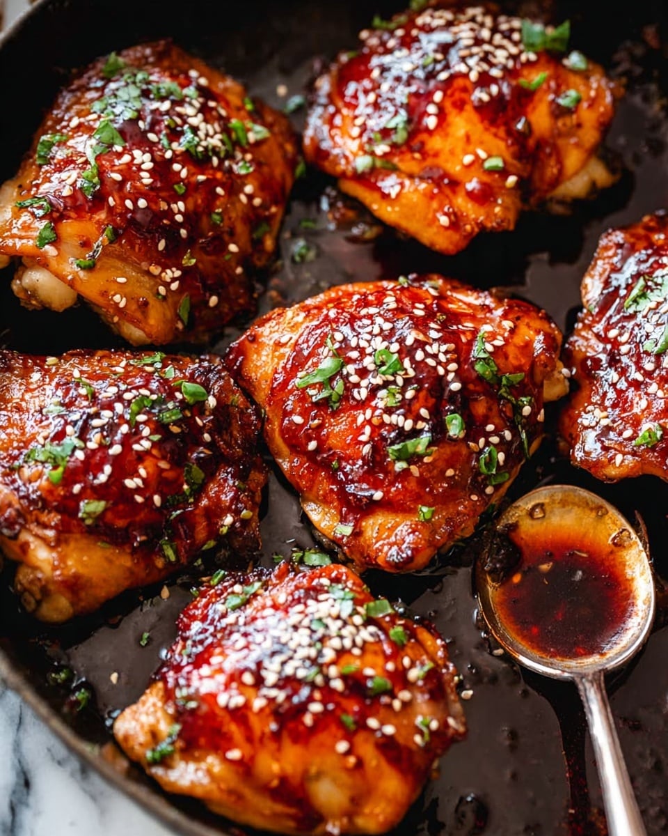 The image shows several pieces of cooked chicken thighs arranged closely together in a dark pan. Each piece is glazed with a shiny, dark reddish-brown sauce that looks sticky and rich. The chicken skin is golden with some crispy edges, and the sauce is sprinkled with white sesame seeds scattered across the surface. Small green herbs are chopped and spread over the chicken, adding a fresh contrast to the reddish tones. A spoon with some of the dark sauce is placed near the chicken in the pan. The background is a white marbled texture. photo taken with an iphone --ar 4:5 --v 7