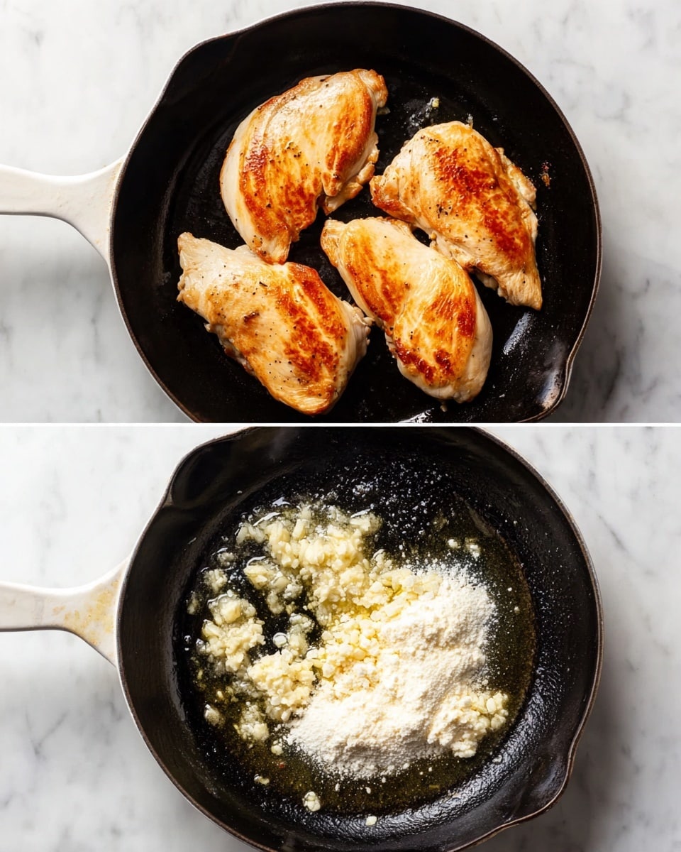 A white handled black cast iron pan sits on a white marbled surface. In the first view, four cooked chicken pieces with a golden brown sear cover the bottom of the pan, each piece showing a smooth to slightly textured surface with light crisp edges. In the second view, the same pan contains melted butter with bits of minced garlic and a heap of white powder, likely flour, in the center, all resting in a thin layer of oil that coats the pan's dark surface. photo taken with an iphone --ar 4:5 --v 7