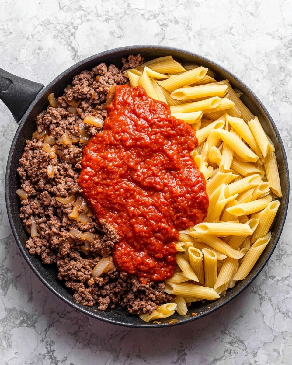 In a black skillet on a white marbled surface, there are three distinct layers visible. On the left side, a layer of cooked ground beef mixed with small pieces of translucent cooked onions creates a crumbly brown texture. On the right side, a neat pile of light yellow penne pasta rests beside the beef. In the center, a thick layer of bright red tomato sauce with a slightly chunky texture sits over part of the pasta and beef, blending the layers together. Photo taken with an iphone --ar 4:5 --v 7