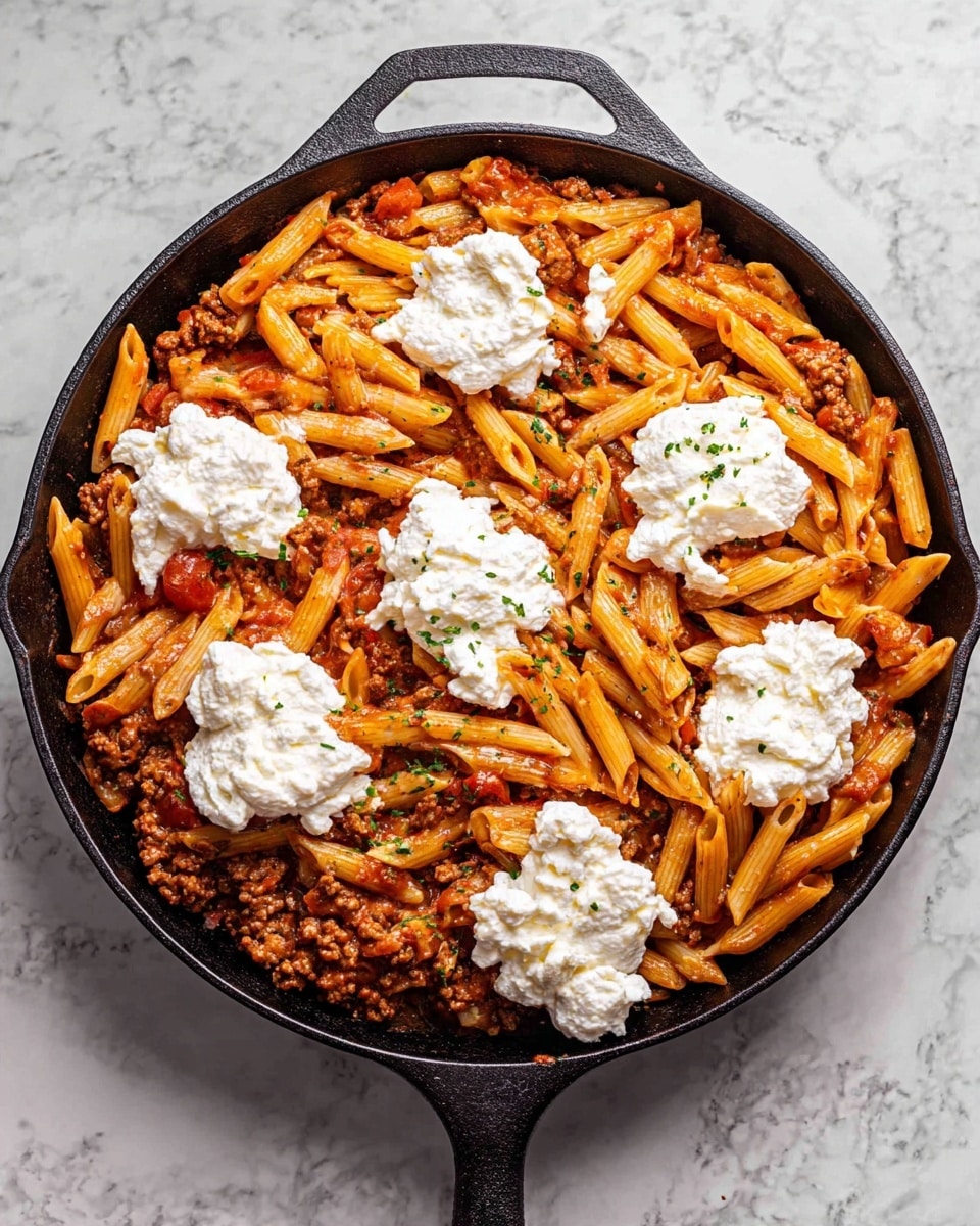 A black cast iron pan filled with a dish made of three main layers: at the bottom is cooked ground meat mixed with a chunky red tomato sauce, the middle layer consists of a thick layer of orange-brown penne pasta mixed evenly with the sauce and meat, and on top are eight scattered dollops of white soft ricotta cheese that look creamy and slightly fluffy. The pan rests on a white marbled surface. Photo taken with an iphone --ar 4:5 --v 7