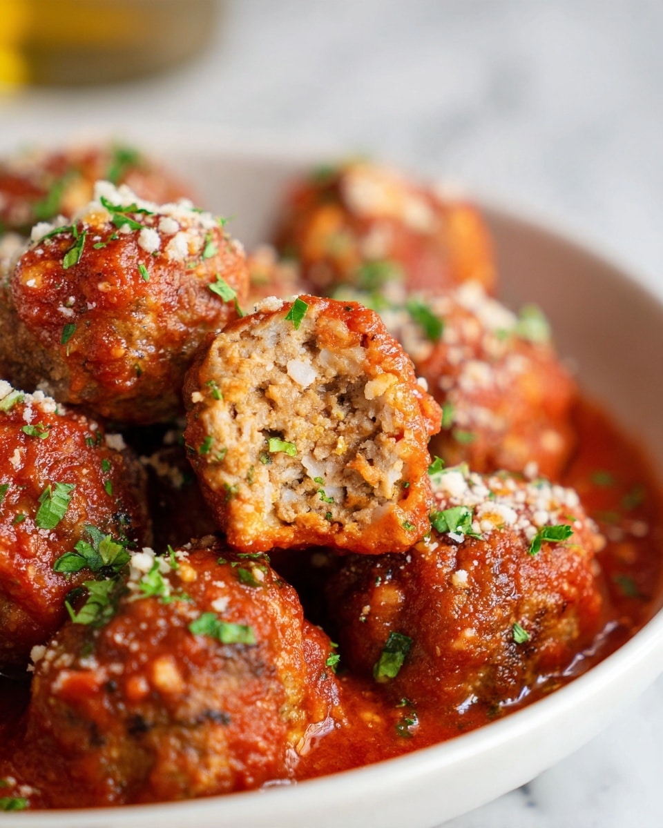 The image shows a close-up of several meatballs covered in red tomato sauce, placed in a white bowl. One meatball in the center is cut open, revealing a soft, textured inside with bits of herbs. The meatballs are garnished with small green parsley pieces and sprinkled with light white cheese. The sauce looks thick and slightly chunky, clinging to the meatballs. The scene is set on a white marbled surface, creating a clean and bright background. photo taken with an iphone --ar 4:5 --v 7
