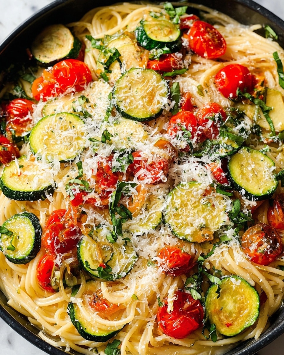 The image shows a close-up view of a pasta dish with several layers. The bottom layer consists of light yellow cooked spaghetti noodles, soft and slightly shiny. On top of the noodles, there are slices of green zucchini with a soft texture and some browning on the edges. Interspersed among the zucchini slices are bright red cherry tomatoes, some whole and some cut in halves, showing their juicy interior. Scattered all over the dish are small bits of green leafy herbs. The whole dish is topped with a fine layer of grated white cheese, evenly spread and adding a light texture contrast. The food is shown on a white marbled surface, with the edge of a black bowl slightly visible. photo taken with an iphone --ar 4:5 --v 7
