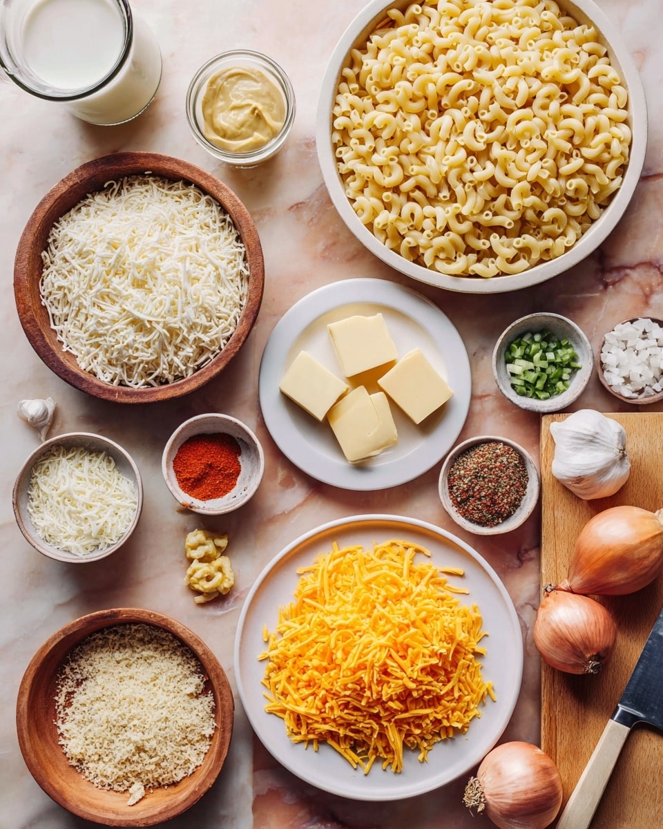 The image shows a flat lay of macaroni and cheese ingredients neatly arranged on a white marbled surface. At the top right, a large white plate is filled with cooked elbow macaroni pasta, pale yellow and curly. Below it, a big white plate holds a generous layer of shredded bright orange cheddar cheese. To the left, a wooden bowl overflows with finely shredded white cheese, next to a small white bowl with light yellow mustard. Above these, a small white plate contains three thick pale yellow butter squares. Small bowls with diced green chilies, red powder paprika, and a brown bowl with grated light beige breadcrumbs with a wooden spoon are scattered around. Near the center right, a wooden board holds diced shallots, a whole shallot half, and a knife with a wooden handle on it. Several garlic cloves sit close by. A glass jug of milk and a small bowl of white powder sit at the top left and bottom left corners respectively. The whole scene is warm and inviting, with simple colors and textures to show clear fresh ingredients photo taken with an iphone --ar 4:5 --v 7