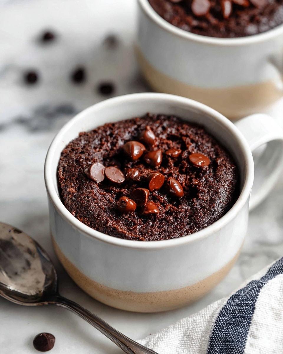 A close-up of a dark brown chocolate mug cake inside a white mug with a beige bottom layer; the cake has a soft, spongy texture with chocolate chips scattered on top, some melted and shiny while others firm and round. The mug is placed on a white marbled surface with a silver spoon and a white cloth napkin with dark blue stripes nearby. In the background, another white mug with the same cake texture is partially visible. photo taken with an iphone --ar 4:5 --v 7
