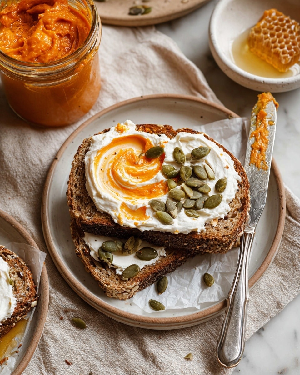 A close-up view of two slices of multi-seed bread stacked slightly on a white plate lined with parchment paper; the top slice is spread with a thick layer of white cream cheese, topped with a swirl of bright orange spread and sprinkled with green pumpkin seeds and light brown sunflower seeds. To the left, a jar filled with the same orange spread sits next to a vintage silver knife with some orange spread on its blade, resting on the plate. In the top right corner, part of a white bowl shows a piece of honeycomb soaking in light golden honey. The whole scene is set on a beige linen cloth, on a white marbled surface. Photo taken with an iphone --ar 4:5 --v 7