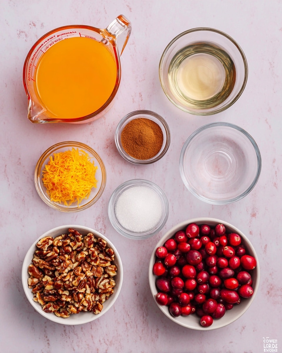 The image shows seven small bowls arranged on a white marbled surface. On the top left, there is a clear glass measuring cup filled with bright orange liquid. To its right, there is a small clear glass bowl with a transparent liquid. Below the measuring cup, there is a small clear bowl filled with brown powder and next to it, another clear bowl with white granules like sugar or salt. Below these, a small bowl holds bright orange zest with a rough texture. On the bottom left, there is a white bowl filled with chopped nuts, mostly brown with some light shades. On the bottom right, a white bowl is filled with fresh, shiny cranberries in shades of red. The overall setup is neat and colorful. Photo taken with an iphone --ar 4:5 --v 7