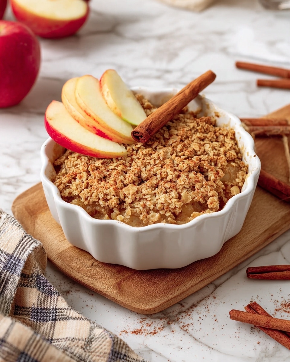 The image shows a white scalloped ceramic dish filled with a two-layer apple crumble dessert. The bottom layer is soft baked apple pieces, covered by a crumbly, golden-brown topping made of oats and cinnamon. On top of the crumble, two fresh apple slices with red and yellow skin lean against a cinnamon stick resting across the edge of the dish. The dish sits on a wooden board over a white marbled surface, with a plaid cloth nearby and more cinnamon sticks and apple slices scattered around. Photo taken with an iphone --ar 4:5 --v 7