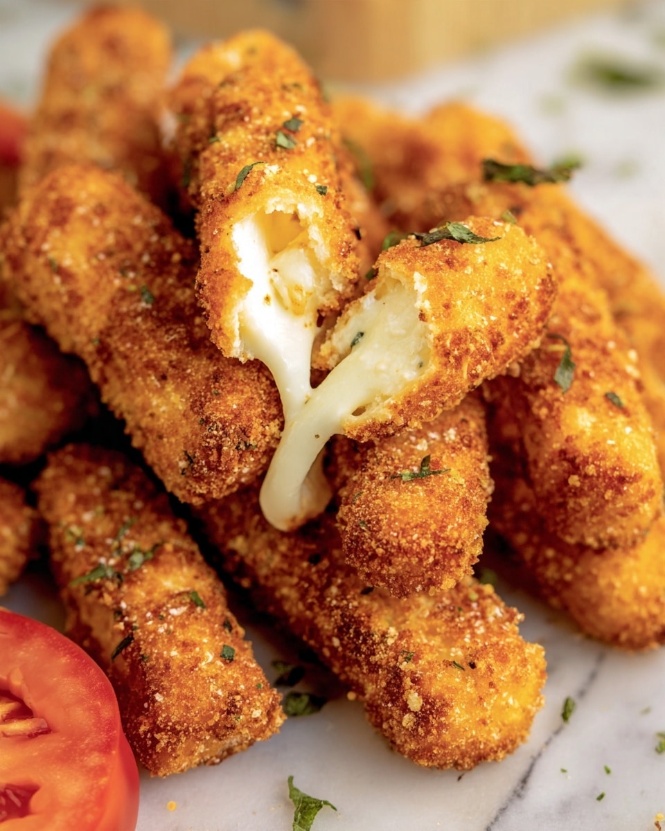 A pile of golden brown, crispy fried sticks with a rough textured outer layer fills most of the image, with one stick broken open in the middle showing melted, stretchy white cheese inside. Small green herbs are sprinkled on some sticks, and a blurred red tomato slice is visible at the bottom left corner. The arrangement sits on a white marbled surface. photo taken with an iphone --ar 4:5 --v 7