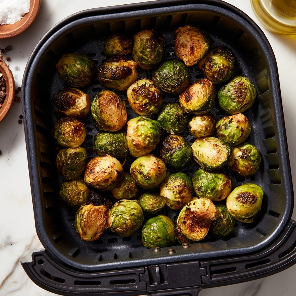 Inside a black air fryer basket, there are about 30 roasted Brussels sprouts. They are round and vary in size, with outer leaves showing a mix of green and golden-brown charred spots, giving a slight crisp look. The Brussels sprouts are arranged in a random pattern covering most of the basket's floor, which has a textured, perforated surface. The scene is set on a white marbled surface with wooden bowls containing salt and mixed peppercorns nearby, along with a glass jar of olive oil. Photo taken with an iphone --ar 4:5 --v 7