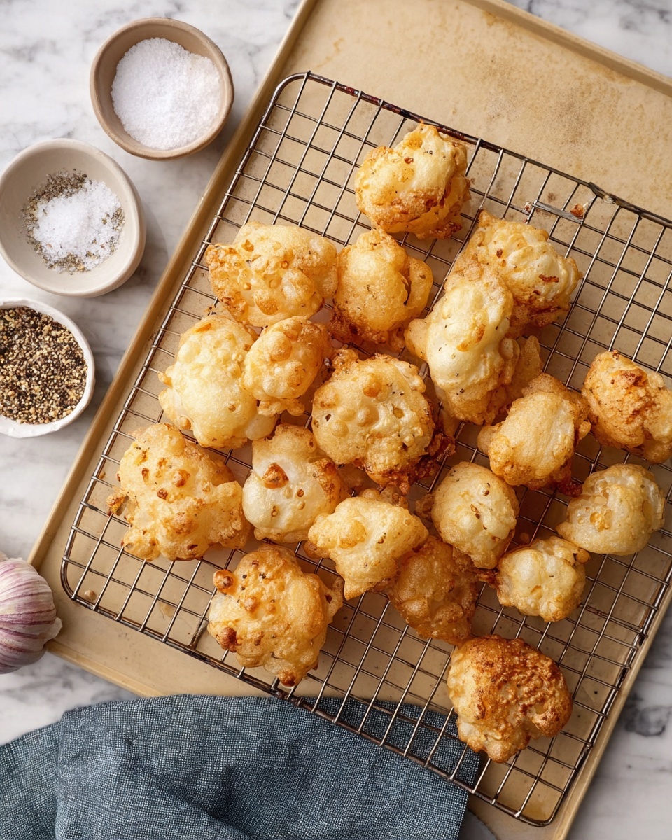 A collection of small, irregular shaped fried dough pieces with a light golden brown color and crispy texture are spread out on a metal wire cooling rack placed over a beige tray. The fried dough pieces have some darker brown spots and a rough, bumpy surface. Around the tray, there are small white bowls with coarse salt and ground black pepper. A bulb of garlic and a dark gray cloth napkin are partially visible on a white marbled surface beneath. Photo taken with an iphone --ar 4:5 --v 7