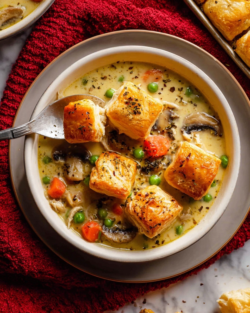 A white bowl filled with creamy chicken and vegetable soup sits in the center of the image, placed on a stack of one gray plate and one white plate with visible shadows. The soup has a light yellowish broth with bright orange carrot pieces, green peas, and light brown mushroom slices mixed throughout. On top, there are five golden-brown puff pastry cubes sprinkled with dried herbs. A silver spoon is partly inside the bowl, holding one piece of the puff pastry. The background is a white marbled texture with a red cloth in the lower part of the image and a tray with more puff pastry pieces on the upper right corner. Photo taken with an iphone --ar 4:5 --v 7