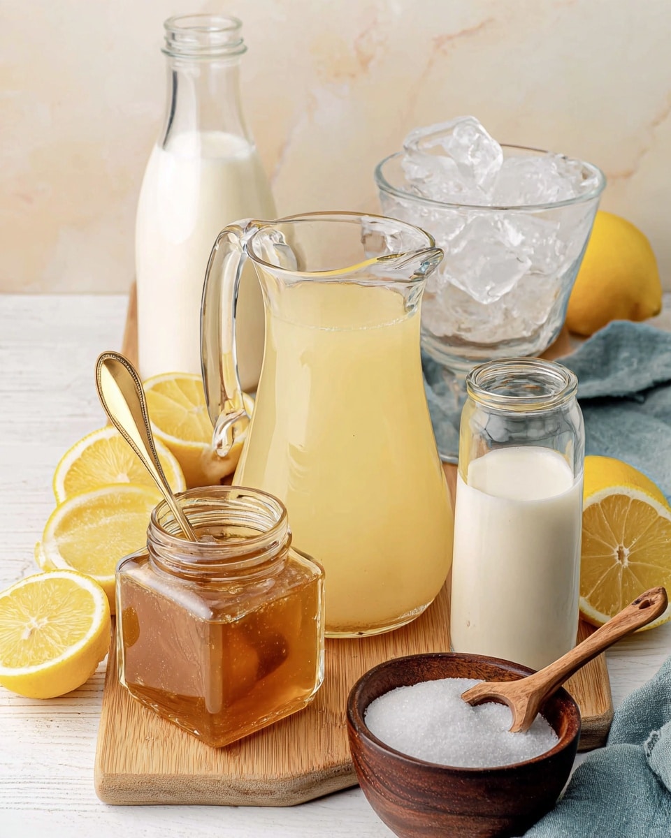 A clear glass pitcher filled with a pale yellow lemonade stands on a wooden board with light wood grain. In front and slightly to the left is a square jar of thick, pale yellow honey with a golden spoon inside it. To the right, a small clear glass pitcher contains white cream, and behind it, a glass bottle holds more cream or milk. Behind these, a clear glass bowl is full of ice cubes. A small wooden bowl near the front right holds white granulated sugar with a small wooden spoon inside. There are lemon halves and slices arranged around the wooden board. The entire setup rests on a white marbled surface. photo taken with an iphone --ar 4:5 --v 7