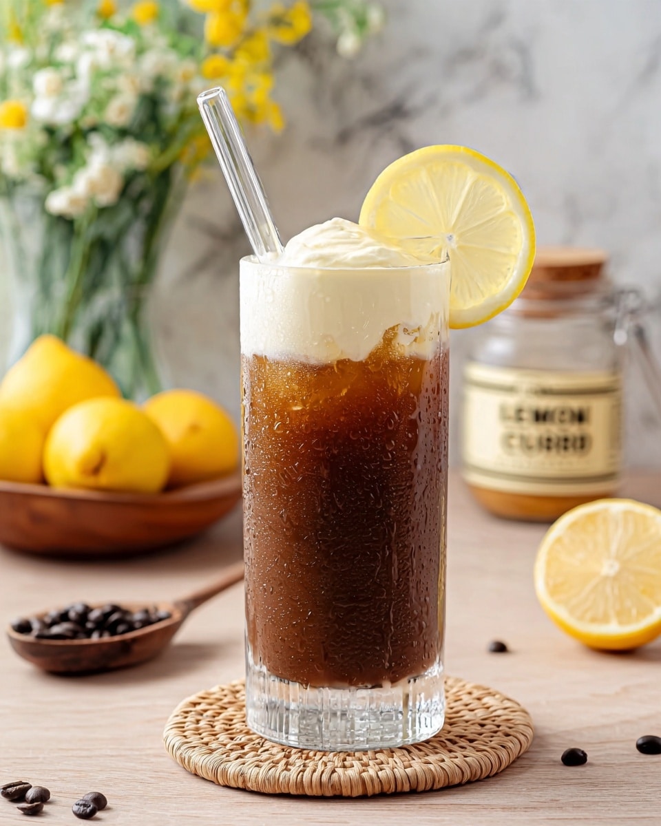 The image shows a tall clear glass filled with a three-layered drink. The bottom two-thirds is a dark brown liquid with condensation on the outside, topped by a thick layer of white foam near the rim. A thin slice of lemon is placed on the rim of the glass, and a clear glass straw is inserted from the top. The glass sits on a round woven coaster on a light wooden table with some scattered dark coffee beans. In the blurred background, there are yellow lemons, a wooden bowl, a small jar labeled