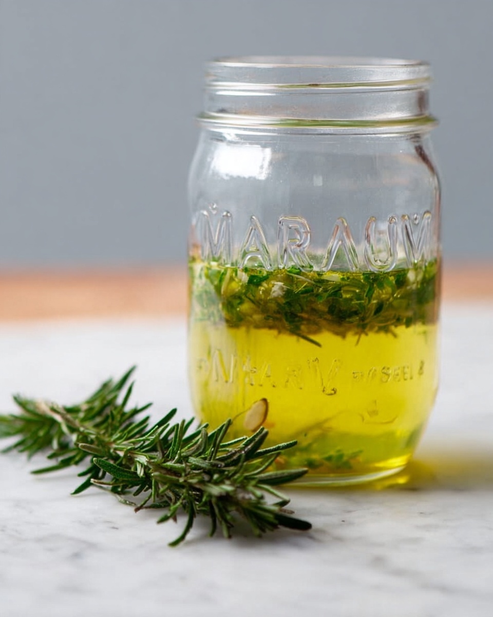 A clear glass mason jar is shown with layers of liquid inside: a thicker, yellowish layer at the bottom, topped by a layer of green oil with small chopped herbs floating in it. The jar has embossed text on the upper part, and it is placed on a white marbled surface. Lying next to the jar is a small bunch of fresh rosemary with green needle-like leaves. The background is simple and light gray, giving focus to the jar and rosemary. photo taken with an iphone --ar 4:5 --v 7