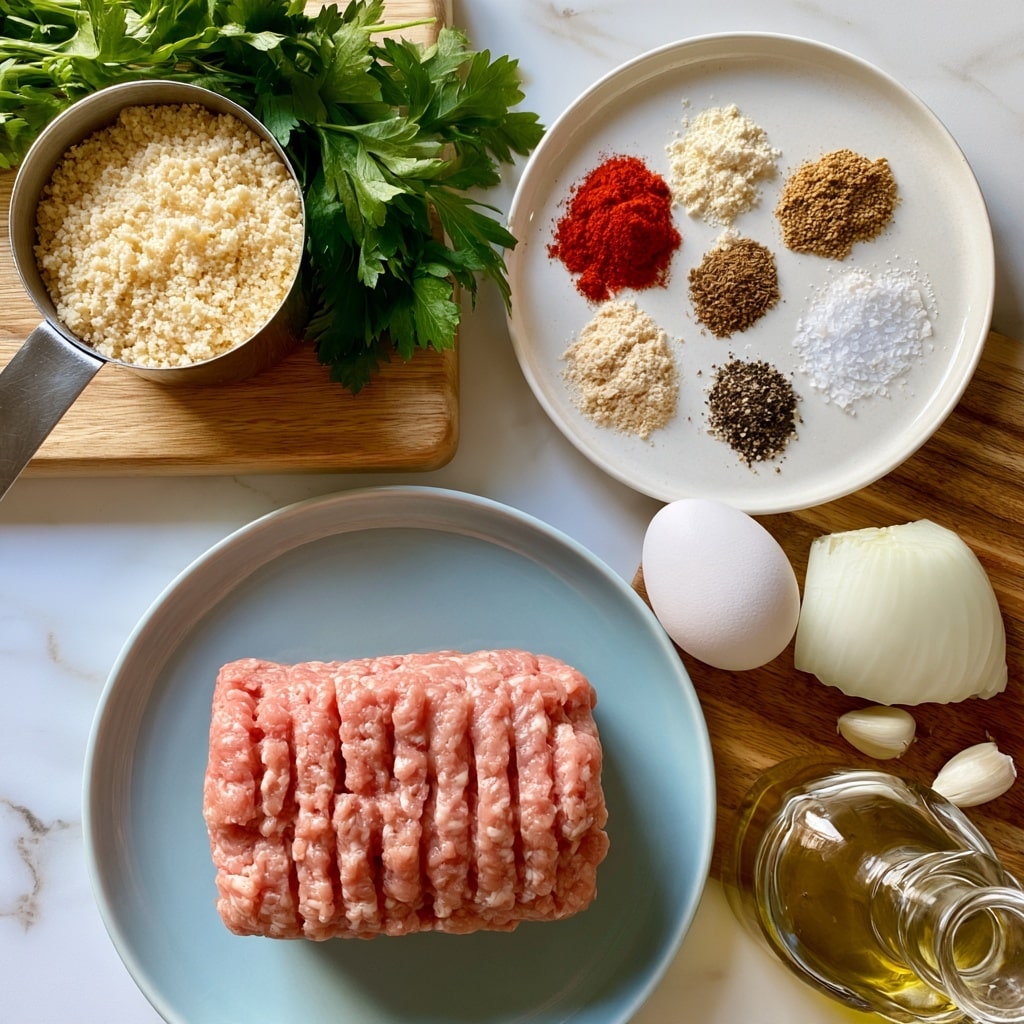 The image shows various cooking ingredients arranged neatly on a white marbled surface. In the center bottom, a light blue plate holds a block of pink ground chicken with visible grooves. To the top left, a metal measuring cup filled with coarse, pale yellow breadcrumbs sits on a wooden board next to bright green parsley leaves. On the right of the parsley, a white plate presents seven small piles of spices – bright red paprika, off-white garlic powder, light brown cumin and coriander, pale beige onion powder, black pepper, and coarse white salt. Below the plate, a white egg and a quarter white onion rest on the wooden board, accompanied by two garlic cloves. At the bottom right, a clear glass container with golden olive oil is visible. Photo taken with an iphone --ar 4:5 --v 7