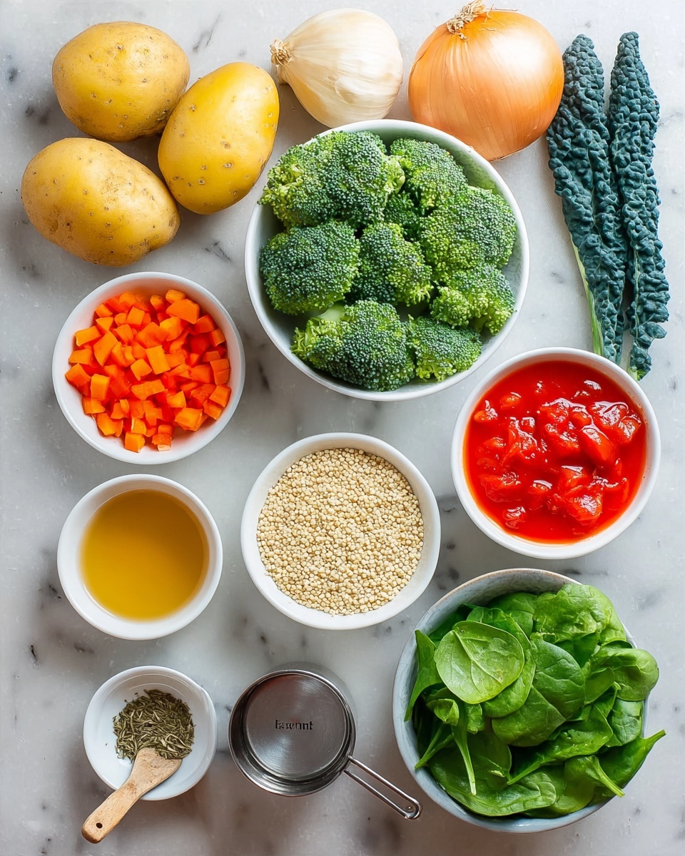 A flat lay image shows eleven ingredients arranged neatly on a white marbled surface: two whole yellow potatoes at the top left, a whole light brown onion to the right, and a whole garlic bulb further right. Below the potatoes, a white bowl holds bright green broccoli florets, next to it a white small bowl with orange diced carrots. Below the broccoli, a metal measuring cup filled with pale cream quinoa grains, and in the center, a white bowl filled with bright red canned whole tomatoes in juice. To the right of the tomatoes, a small white bowl holds light amber-colored liquid. On the bottom left, a small white dish contains dried herbs with a small wooden spoon resting in it. Next to it, a white bowl contains deep green curly kale leaves, and to the right, another white bowl is filled with fresh bright green spinach leaves. photo taken with an iphone --ar 4:5 --v 7