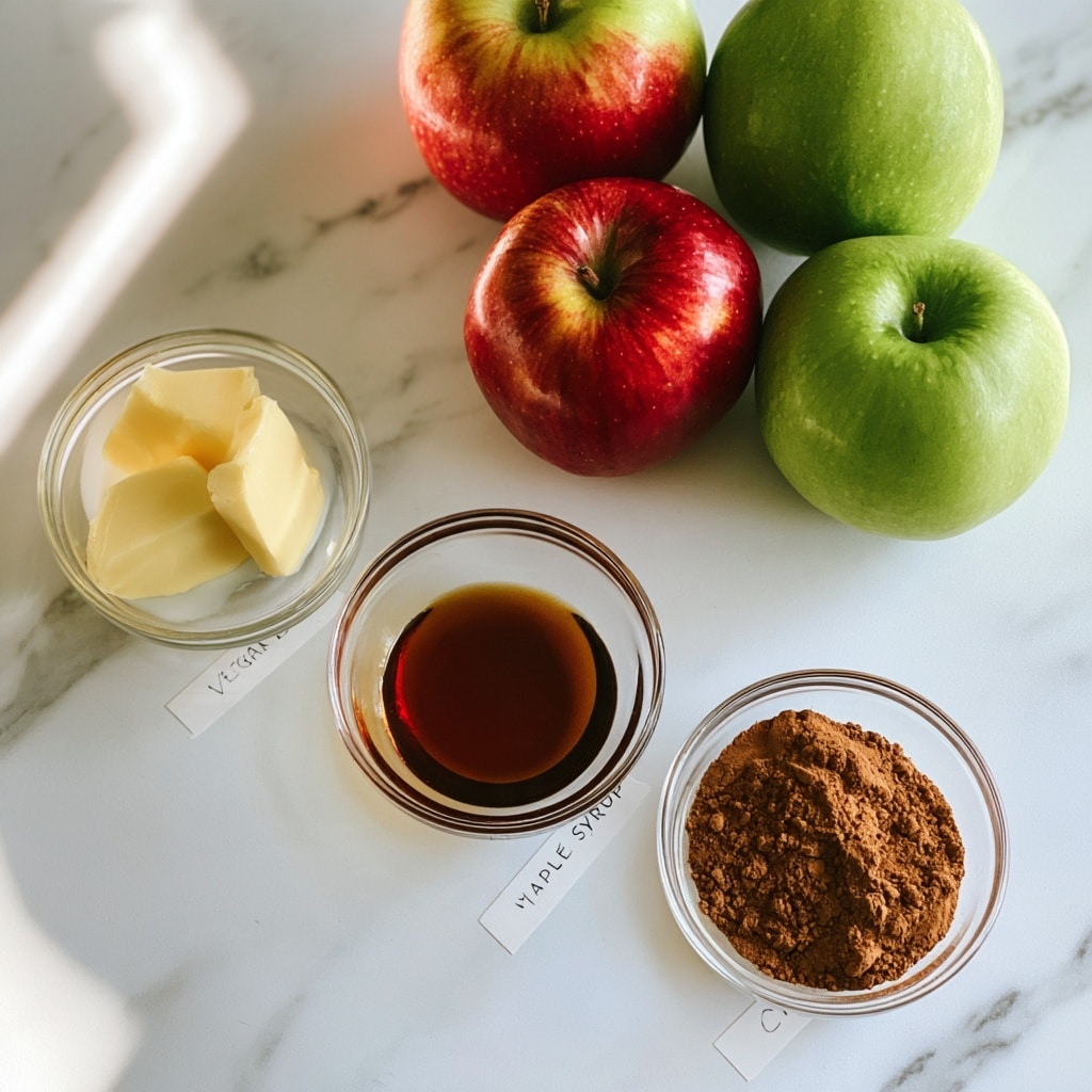 The image shows four apples arranged closely together in the top right corner on a white marbled surface, with two red apples and two green apples. Below the apples are three small clear glass bowls placed diagonally from top left to bottom right. The first bowl near the apples contains two light yellow blocks of vegan butter, the second bowl has a dark amber liquid maple syrup, and the third bowl holds a fine brown cinnamon powder. Each bowl is neatly labeled with black text on a white strip, and the whole setup is bright and clear, with soft natural light. Photo taken with an iphone --ar 4:5 --v 7