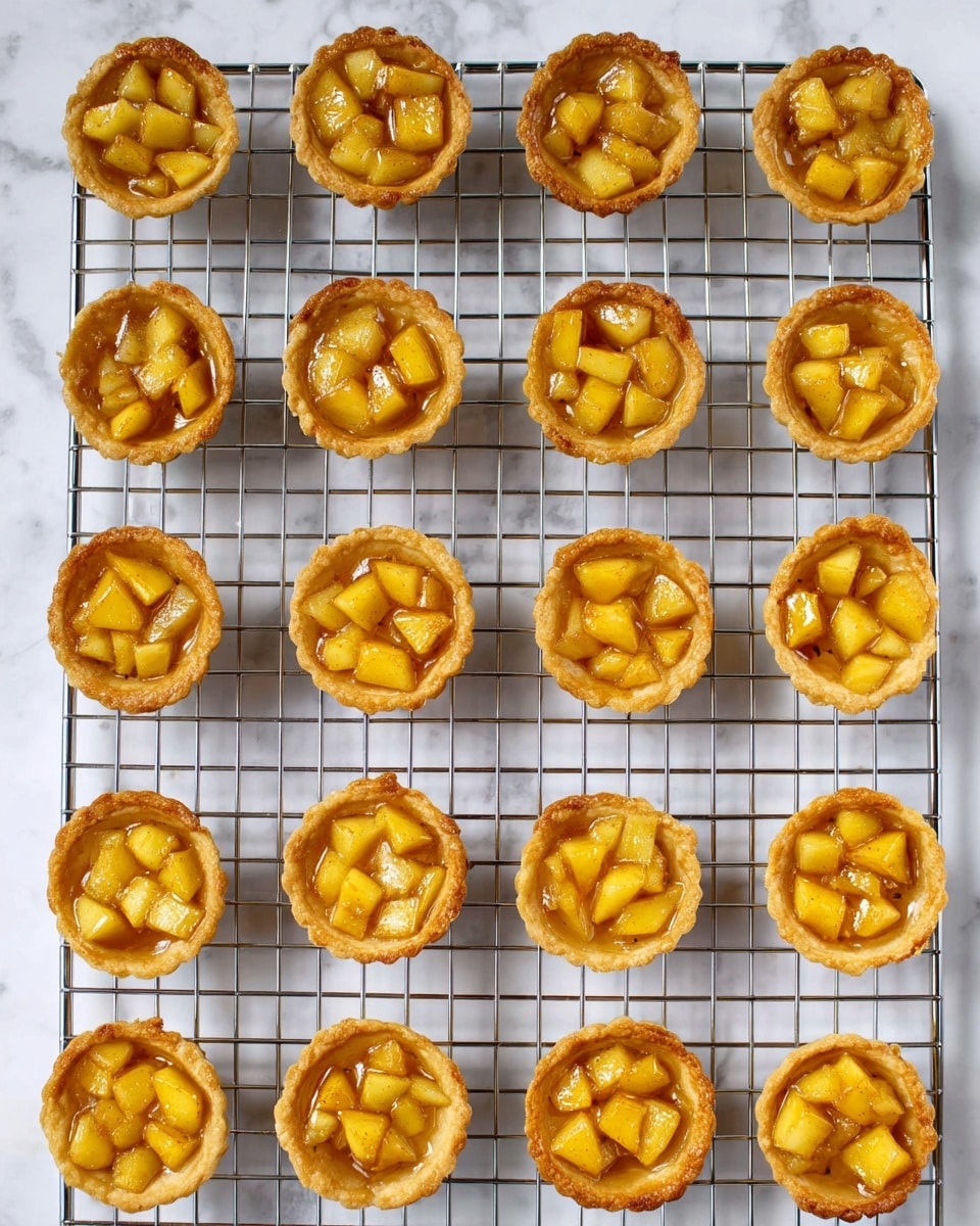 The image shows 28 small mini tarts placed on a metal cooling rack over a white marbled surface. Each tart has one layer of a golden brown crust forming the outer shell, filled with a glossy mixture of small diced yellow fruit pieces, likely cooked apples, coated in a translucent syrup. The tarts are evenly spaced and arranged in neat rows, each tart open-faced with the fruit filling clearly visible inside. The metal rack grid contrasts with the smooth texture of the tarts and the white marbled background adds a clean, bright look to the scene. photo taken with an iphone --ar 4:5 --v 7