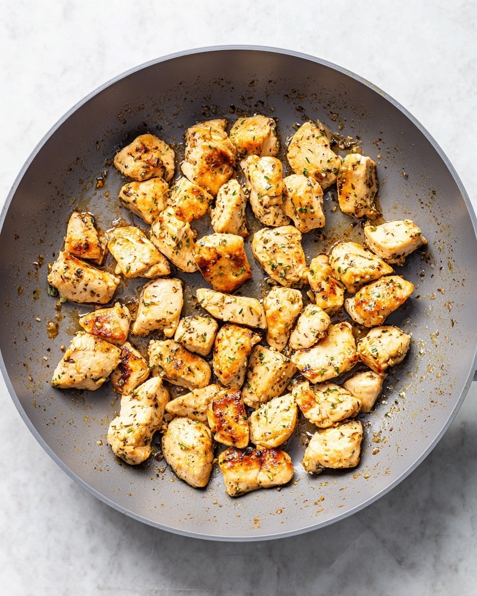 A top view of a round gray pan filled with multiple small pieces of cooked chicken scattered inside. The chicken pieces are light golden brown with specks of herbs and spices visible on them, giving a slightly crispy texture. The pan sits on a white marbled surface, and there are small browned bits stuck to the pan around the chicken pieces. Photo taken with an iphone --ar 4:5 --v 7