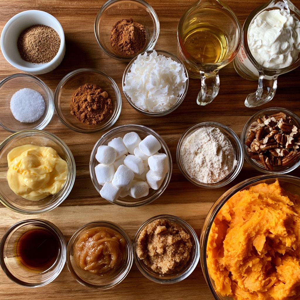 The image shows 13 small clear glass bowls and one small white bowl on a wooden surface, each bowl filled with a different cooking ingredient arranged in a loose grid pattern. Starting from the top left corner, there is a white bowl with ground nutmeg and one with salt next to it. Below these are a bowl with ground cinnamon and a bowl filled with shredded coconut. To the right of the cinnamon and coconut are two glass measuring cups, one with melted butter and the other with whipping cream. In the middle row are a glass bowl with beaten eggs, a bowl of marshmallows, a bowl with flour, and a bowl of pecan nuts. At the bottom left is a bowl of vanilla extract followed by apple butter, brown sugar, and finally, a large bowl of bright orange cooked sweet potatoes. Each ingredient is clearly visible with distinct textures and colors, all set on a warm wooden surface. photo taken with an iphone --ar 4:5 --v 7