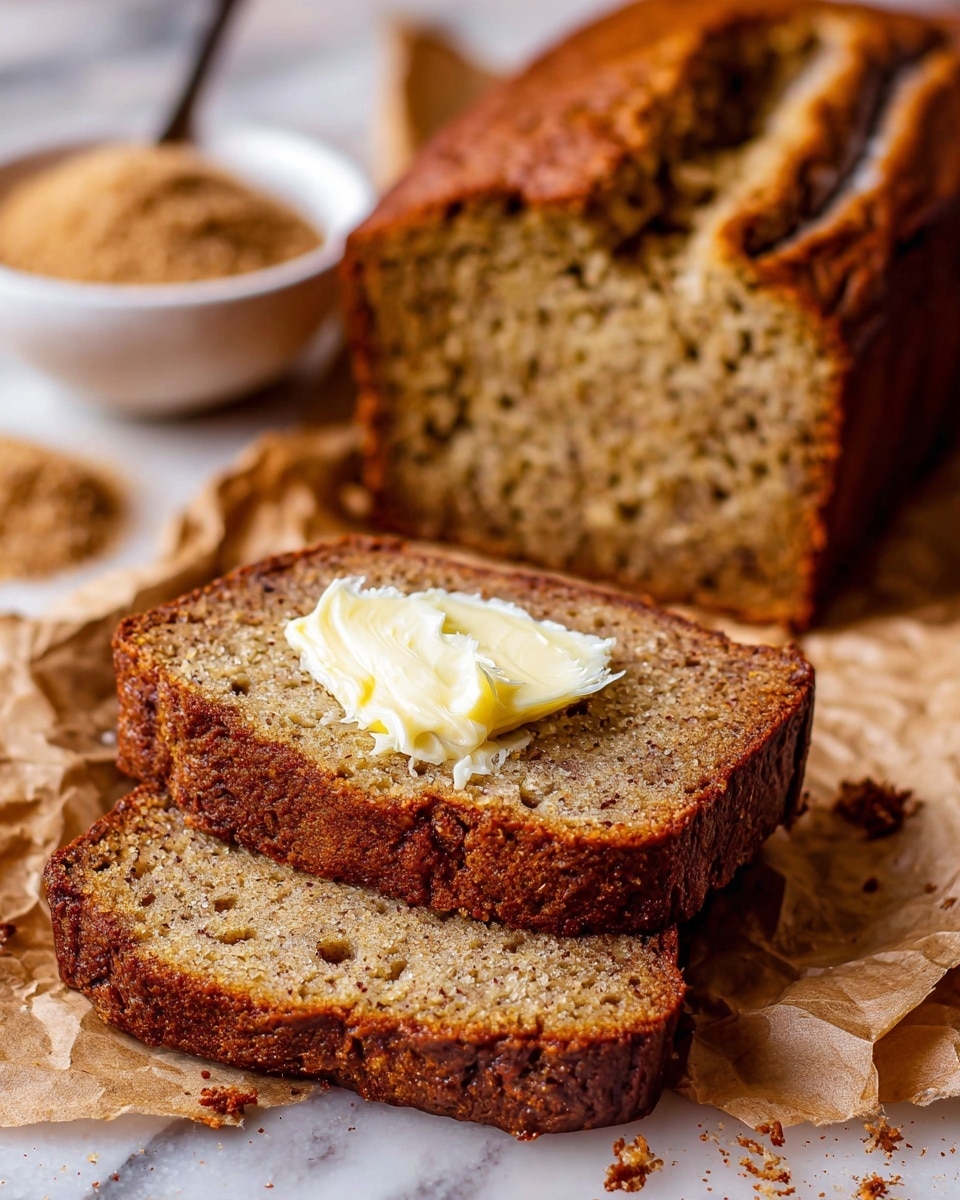The image shows a loaf of banana bread with a rich brown crust and a soft, textured yellowish-brown inside. In the front, there are three slices stacked, each with visible small air pockets and a slightly crumbly edge. On top of the closest slice, there is a dollop of creamy pale yellow butter. The bread sits on crumpled brown paper with some crumbs and a bit of cinnamon powder scattered nearby. In the background, part of the whole loaf is visible with a slightly glossy top crust showing horizontal lines. There is a small white bowl filled with brown sugar just behind the bread. The entire scene is set on a white marbled surface. photo taken with an iphone --ar 4:5 --v 7