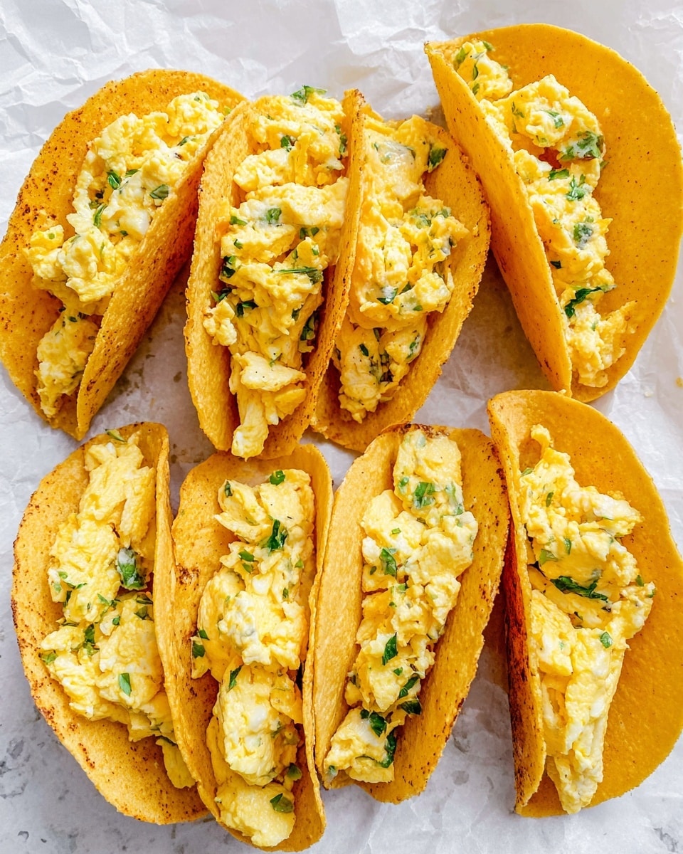 Seven small yellow corn taco shells are filled with fluffy scrambled eggs mixed with small green herb pieces. Each taco shell is curved and slightly crispy, standing upright on a crinkled white paper surface over a white marbled texture. The scrambled eggs have a soft, slightly creamy texture with a light yellow color, contrasting with the warm golden-brown of the taco shells. The tacos are arranged closely together, filling the frame in a neat, casual way. Photo taken with an iphone --ar 4:5 --v 7