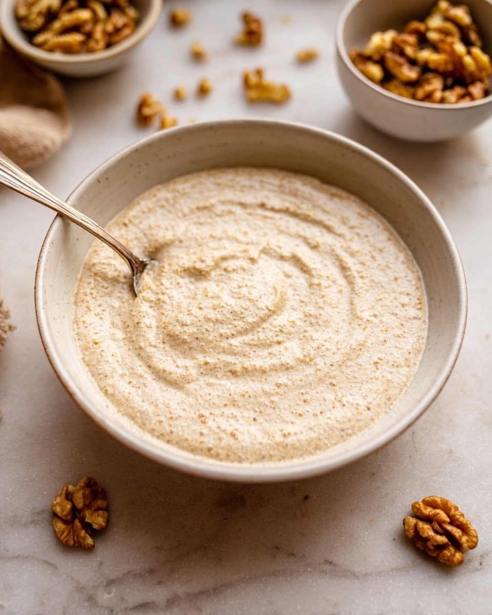 A close-up of a white bowl filled with a creamy light beige mixture that has a slightly grainy texture. A silver spoon is partially dipped into the mixture on the left side of the bowl. Around the bowl on a white marbled surface, there are scattered walnut pieces and two small white bowls in the background, one filled with whole walnuts and the other with a few walnut halves. The colors are soft and natural, emphasizing the smooth texture of the mixture. Photo taken with an iphone --ar 4:5 --v 7