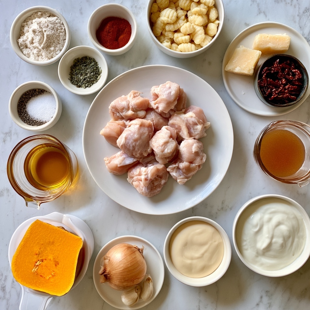 A flat lay image shows various raw ingredients arranged neatly on a white marbled surface. In the center, there is a white plate with several pink chicken pieces. Around it, there are small white bowls and containers holding different items including white flour, red paprika and green basil spices, and white salt and black pepper. A white measuring cup filled with bright orange butternut squash sits at the bottom left. A small white plate with a whole onion and garlic cloves lies near the bottom. Another white bowl holds pale cream sour cream. A white bowl near the top right contains light yellow gnocchi. There is a small plate with a few chunks of pale yellow parmesan cheese and a small dark bowl filled with dark sun-dried tomatoes. Clear glass containers hold golden sun-dried tomato oil and light brown chicken broth. A white bowl contains white heavy cream. The whole setup is bright and softly lit without shadows, creating a fresh and clean look photo taken with an iphone --ar 4:5 --v 7