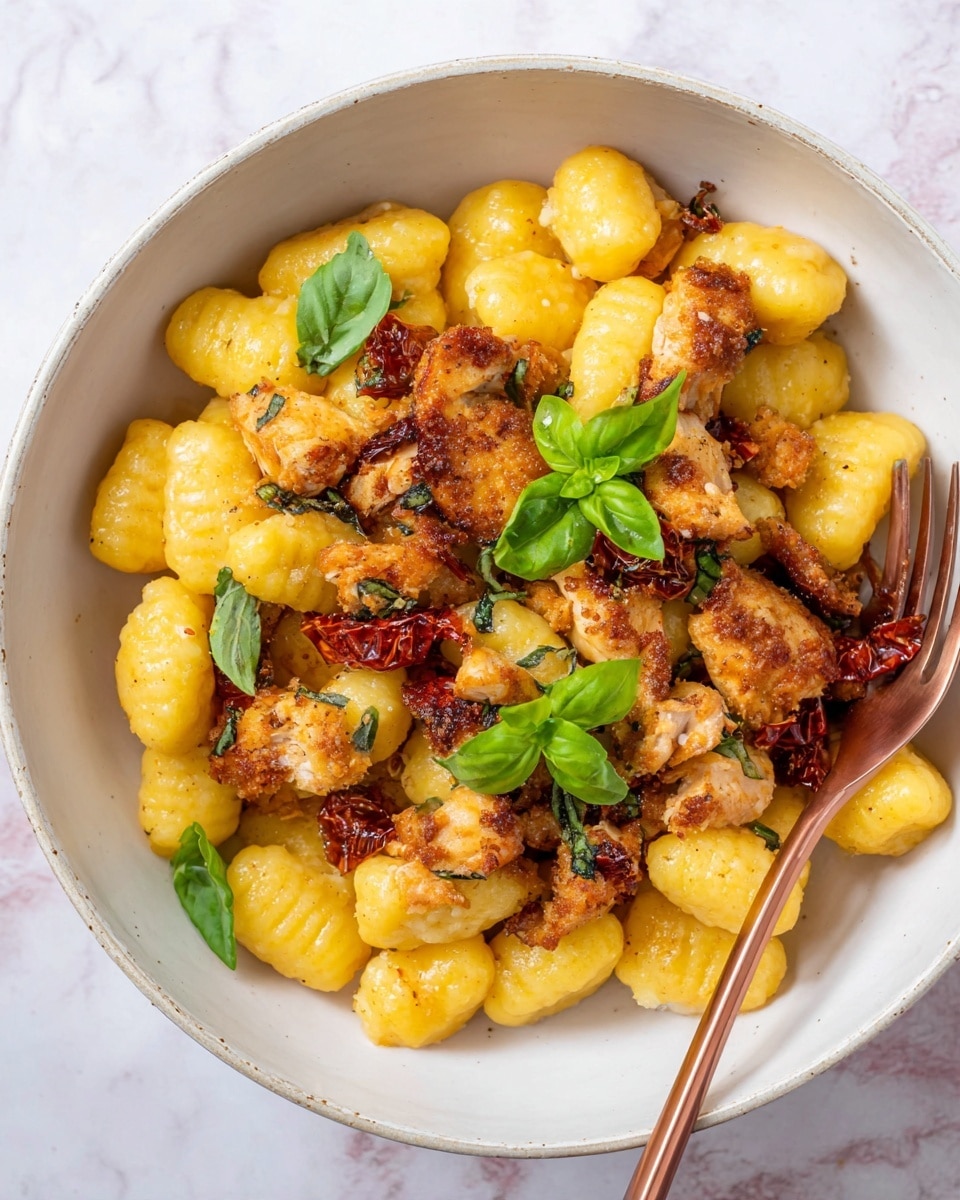 A white bowl filled with one layer of yellow gnocchi that looks soft and smooth. On top, pieces of brown crispy chicken with a rough texture are spread evenly. There are small bits of red sun-dried tomatoes mixed in with the chicken and gnocchi. Bright green fresh basil leaves are placed on top for color. A copper fork rests inside the bowl. The surface beneath the bowl has a white marbled texture. photo taken with an iphone --ar 4:5 --v 7