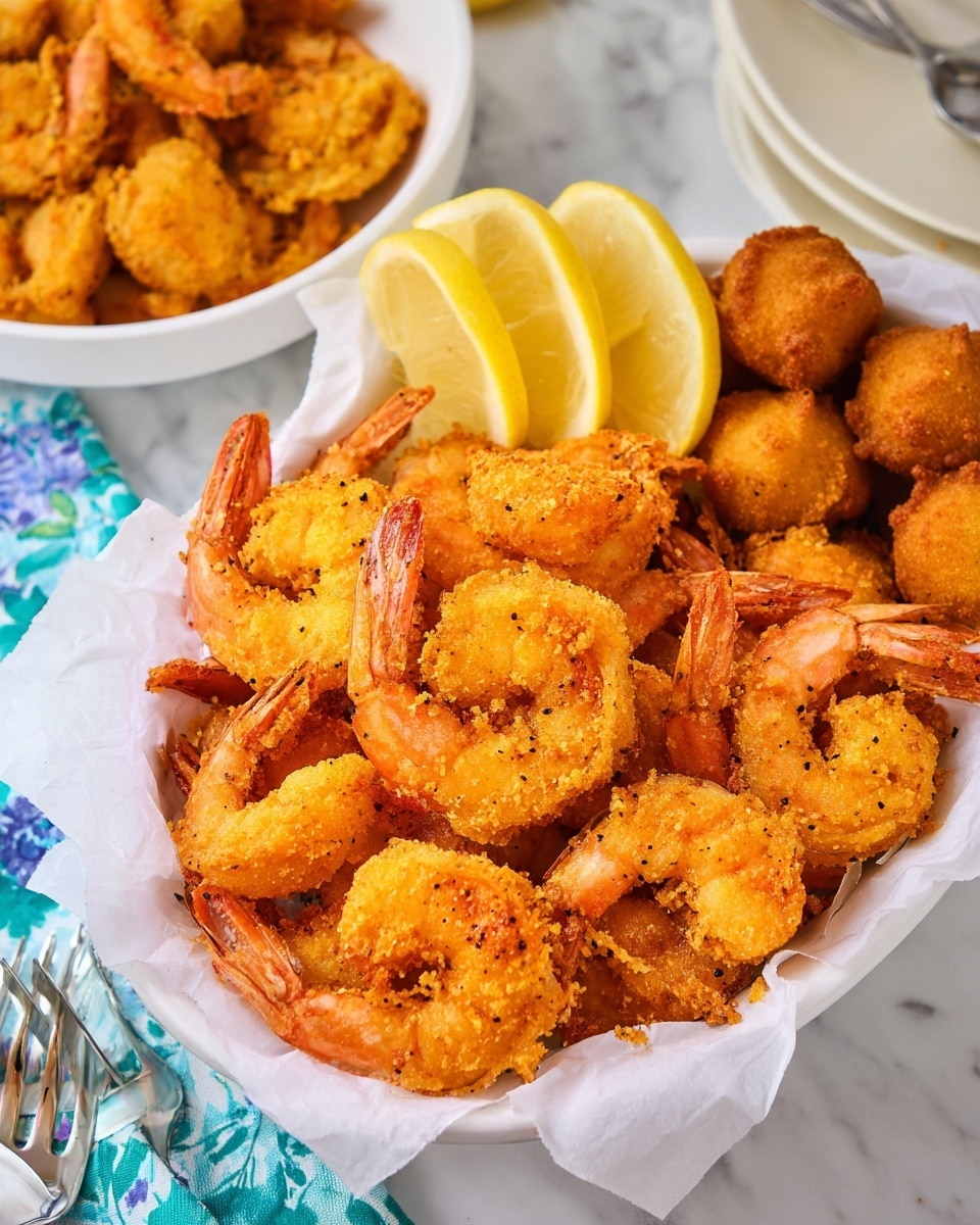 A white basket lined with white paper holds a pile of golden fried shrimp, each shrimp coated in a crispy, textured batter with hints of black pepper seasoning. The shrimp are arranged so that the tails, with their reddish-orange color, stick out from the fried batter, creating a mix of deep orange and golden shades. To the right, bite-sized golden fried hush puppies are placed closely together, showing their round and bumpy texture. Behind the basket, there are three lemon wedges with bright yellow skin and juicy inner segments resting directly on a white marbled surface. A second white bowl filled with more fried shrimp is partially visible in the upper left corner. The whole scene is set on a white marbled surface with part of a blue floral cloth and a fork at the bottom, giving a fresh look. Photo taken with an iphone --ar 4:5 --v 7