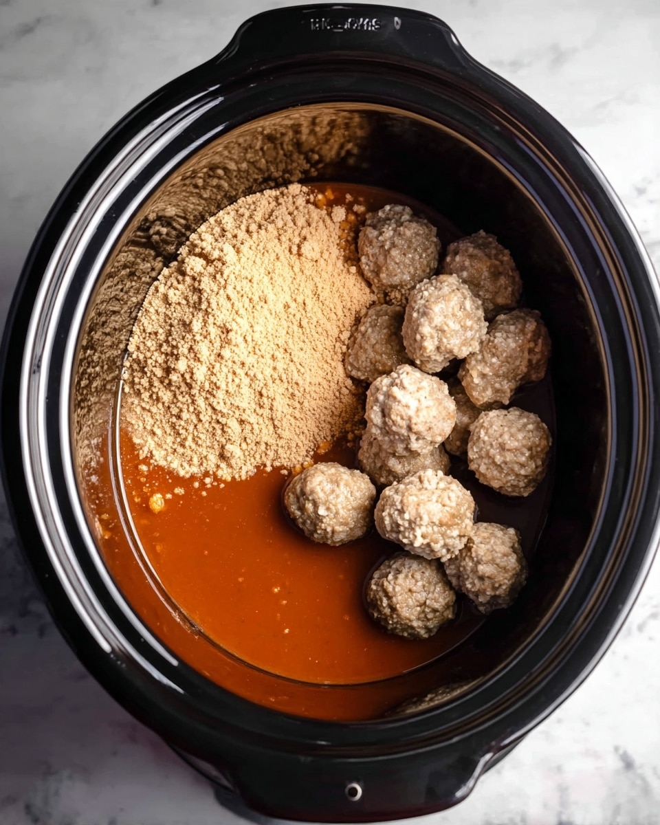 Inside a shiny black slow cooker, there is a layer of smooth dark orange sauce at the bottom, covering almost half of the base. On top of the sauce, on the left side, there is a mound of light brown powder with a fine, crumbly texture. On the right side, a cluster of uneven round beige meatballs with a rough outside surface sits closely together. The slow cooker is placed on a white marbled surface. photo taken with an iphone --ar 4:5 --v 7