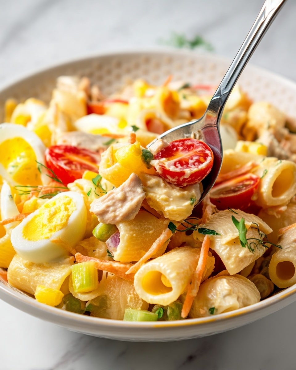 A close-up of a creamy pasta salad served on a white plate with thin grey stripes, sitting on a white marbled surface. The salad has three main layers: the top layer shows a mix of bright orange shredded carrot and bright red halved cherry tomatoes; the middle layer is creamy white pasta tubes coated in a light orange dressing, mixed with small chunks of pale chicken and yellow corn kernels; scattered green herbs add contrast and texture throughout the salad. A fork with a white handle rests on the plate edge, with another plate of salad blurred in the background. Photo taken with an iphone --ar 4:5 --v 7