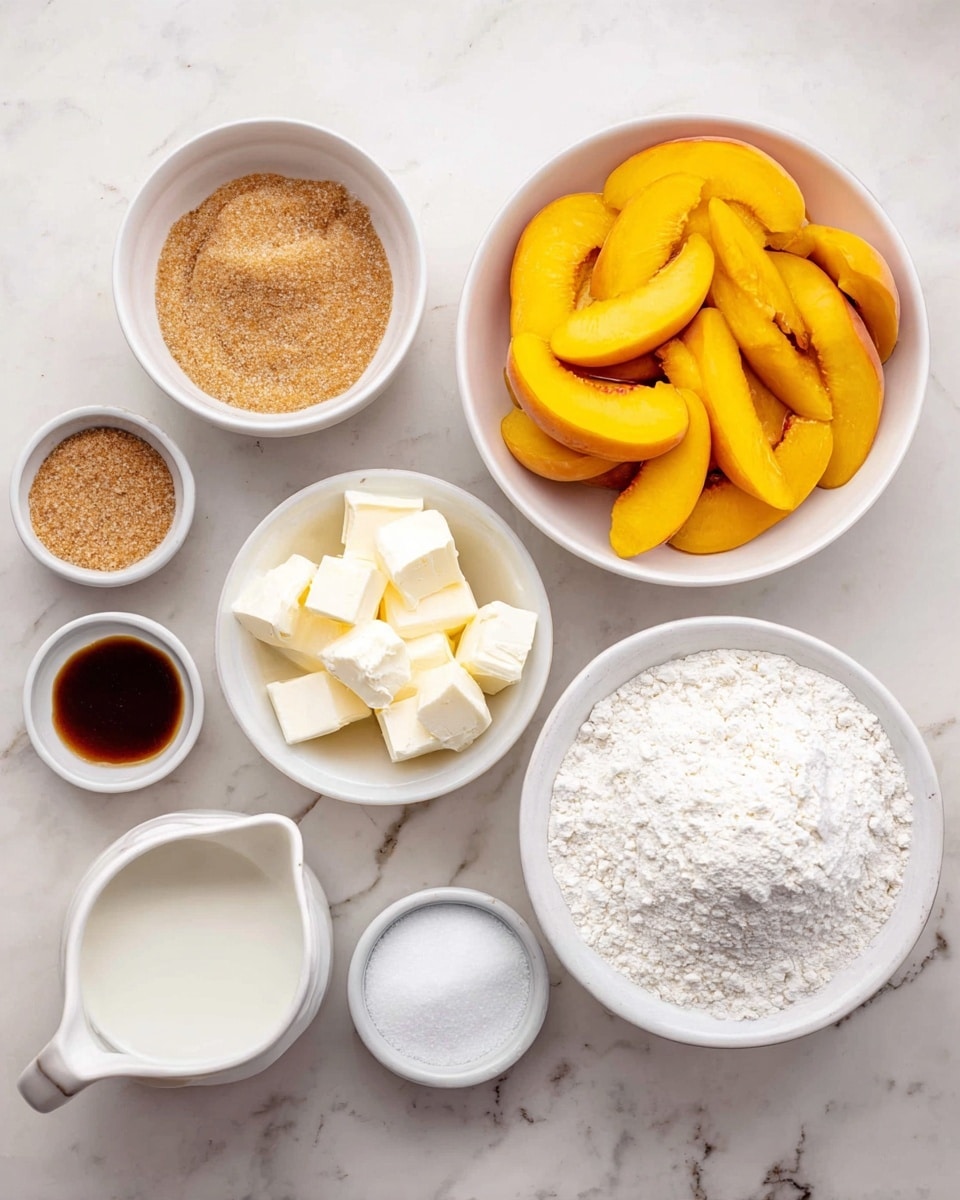 A white bowl filled with sliced yellow peaches sits on the right side of a white marbled surface. Next to it is a white bowl filled with white flour, centered in the image. Above that bowl is a white bowl with small white cubes of butter. To the left of the flour bowl, there is a small bowl with light brown sugar and above it, a smaller white bowl with a dark brown liquid, likely vanilla extract. Below the brown sugar bowl is a white pitcher filled with milk. In the bottom left corner, there is a small white bowl with granulated white sugar. All items are neatly arranged on the white marbled surface. photo taken with an iphone --ar 4:5 --v 7