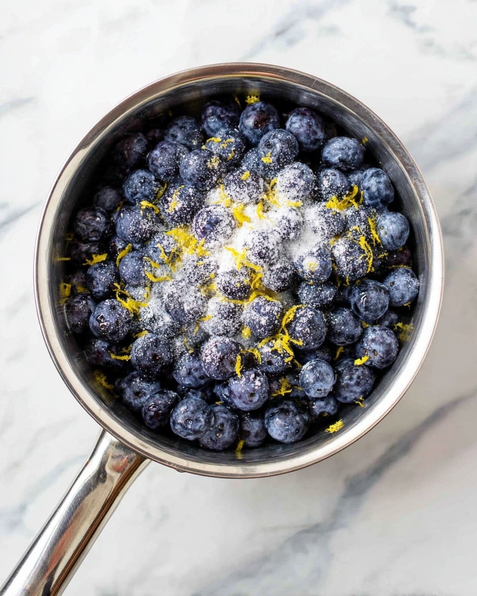 A metal pot filled with one layer of fresh blueberries, topped with a sprinkling of white sugar and small yellow lemon zest scattered over the berries, all placed on a white marbled surface. Photo taken with an iphone --ar 4:5 --v 7
