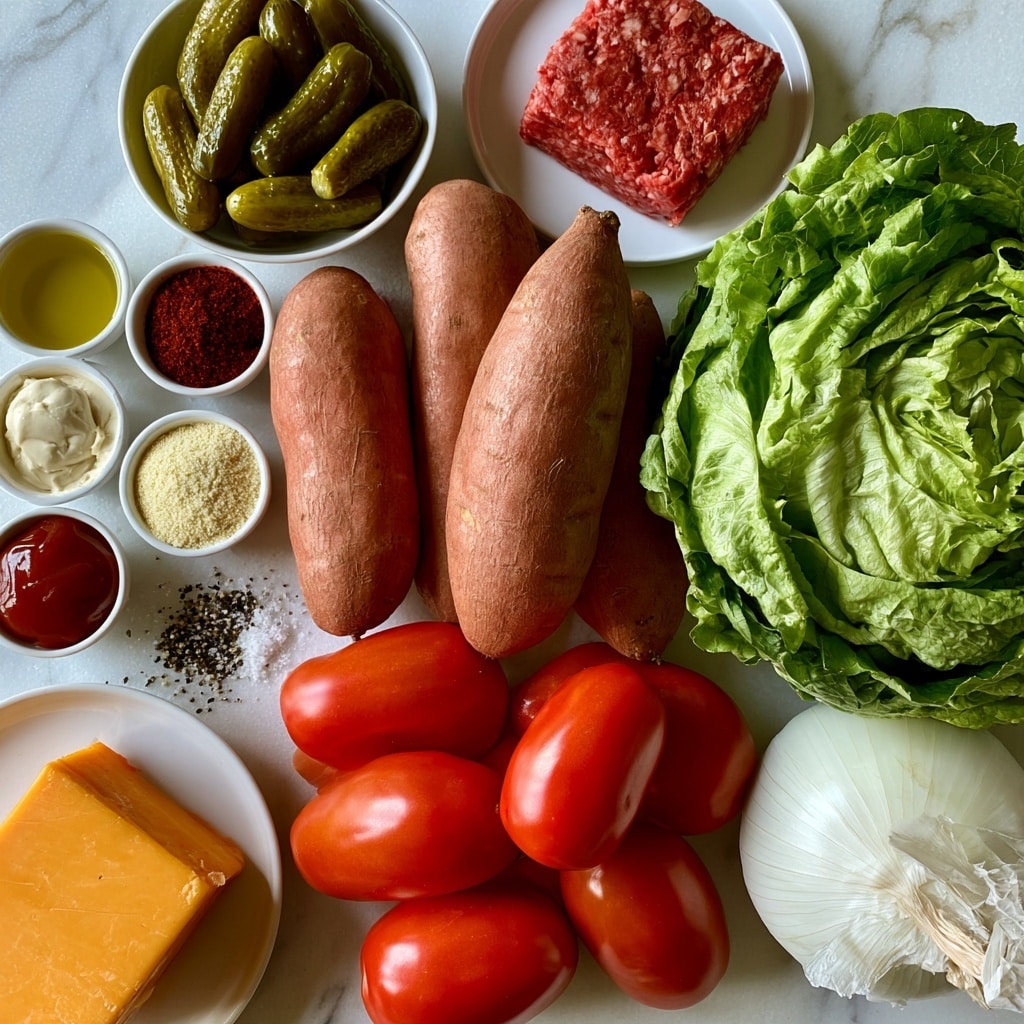 A top-down view of fresh ingredients arranged neatly on a white marbled surface, including three whole sweet potatoes with a smooth brown skin in the center; a round head of green lettuce with tightly packed crisp leaves on the right; a large white onion with papery skin near the bottom right; bright red roma tomatoes, four in total, clustered near the center; a small white bowl with shiny green dill pickles near the top left; a block of yellow cheese on a white plate at the bottom left; a small square of raw ground beef with a rich red color placed on a white plate at the top right; small white bowls containing golden olive oil, dark red paprika, creamy white garlic powder, light yellow onion powder, dark green relish, light mayonnaise, and red ketchup arranged around the vegetables and meat; and a small pile of black and white cracked pepper and salt in a dish near the bottom left. All items are clean and clearly separated for easy viewing. photo taken with an iphone --ar 4:5 --v 7