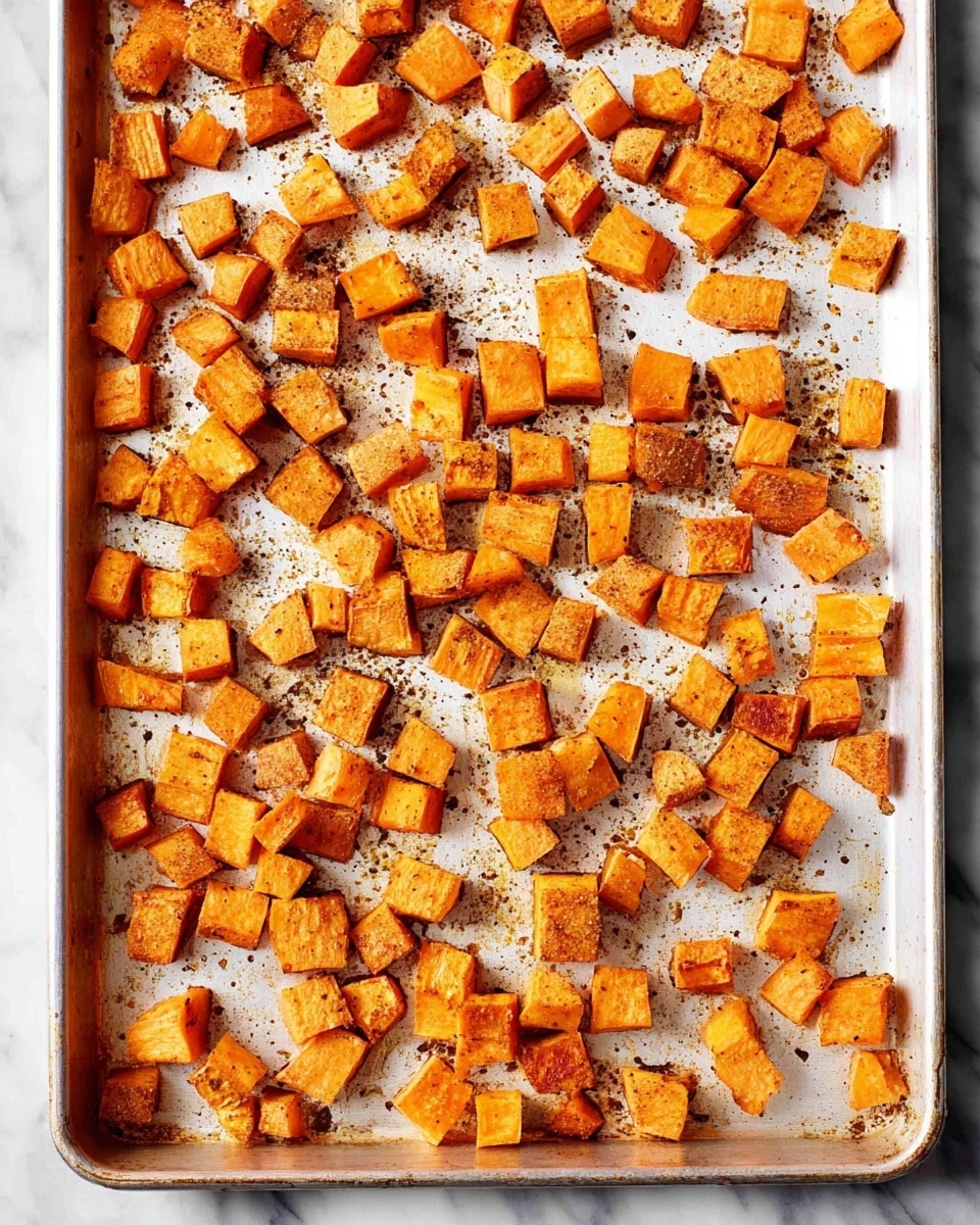 A white baking tray is filled with many small, evenly cut orange cubes of roasted sweet potatoes, with a slightly crispy, browned texture on some edges. The sweet potato cubes are spread out in a single layer, showing some seasoning specks around them on the white tray, which has slight marks and spots from cooking. The surface beneath the tray is a white marbled texture. photo taken with an iphone --ar 4:5 --v 7
