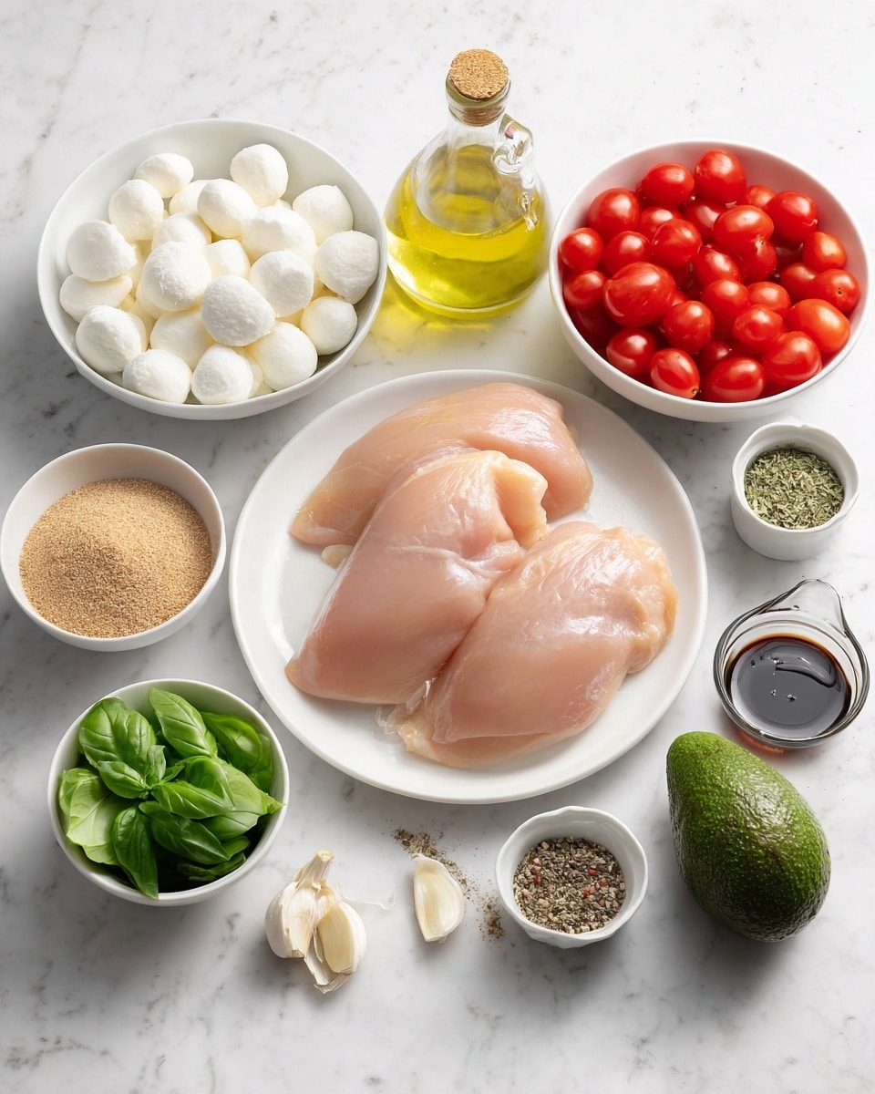 The image shows raw chicken breasts placed on a white plate at the center bottom. To the left, there is a small white bowl filled with light brown sugar powder near a smaller bowl with black pepper, dried herbs, and salt. Below that, two cloves of garlic rest on the white marbled surface. Above the chicken, a small white bowl contains fresh green basil leaves. To the left side, there is a white bowl filled with small round white balls of mozzarella cheese. Behind it is a glass bottle with yellow oil with a white cap and a small glass measuring cup containing dark balsamic vinegar. To the right, a white bowl is filled with bright red cherry tomatoes and beside it sits a green avocado on the white marbled surface. The setup has a clean and fresh look, all on a white marbled surface photo taken with an iphone --ar 4:5 --v 7