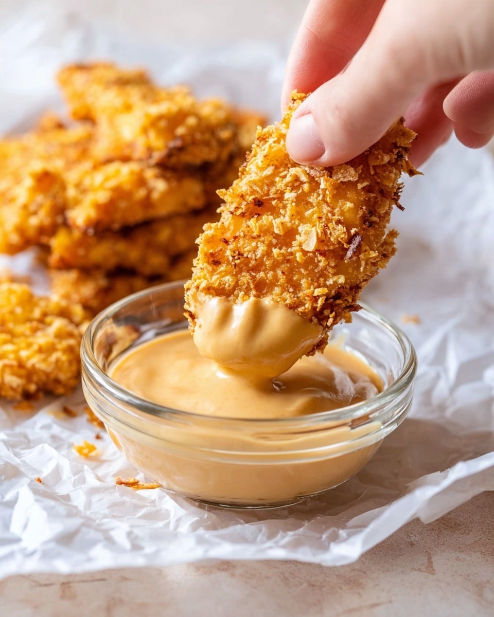 A close-up image shows a crispy golden brown breaded piece of fried food being dipped by a woman's hand into a clear glass bowl filled with creamy light tan sauce. Behind this bowl, there are two more similar crispy fried pieces resting on crumpled white paper on a white marbled surface. The fried piece has a rough texture with visible crunchy flakes on its surface. Photo taken with an iphone --ar 4:5 --v 7