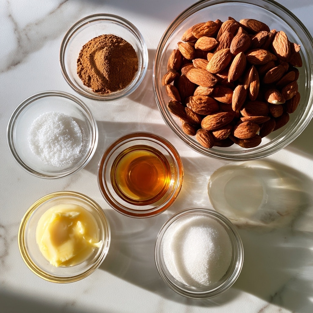 A top view shows seven small clear glass bowls placed on a white marbled surface. The largest bowl on the top right is filled with whole brown almonds. Surrounding it, from top left in a clockwise order: a small bowl of fine white salt, a small bowl of light brown cinnamon powder, a small bowl with golden-brown vanilla extract, a small bowl with melted yellow butter, a small bowl with white sugar, and a small bowl holding a clear to slightly cloudy egg white. Each bowl is labeled with clear black text naming its ingredient. The setup is simple and clean, with soft natural light, photo taken with an iphone --ar 4:5 --v 7
