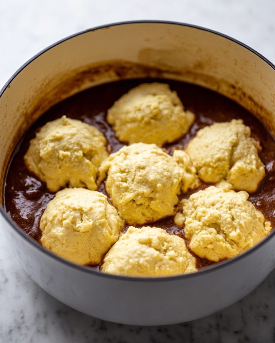 The image shows a white pot filled with a dark brown stew base, which looks thick and rich. On top of the stew, there are seven uneven scoops of light yellow dough placed in a circular pattern, each scoop textured and rough on the surface. The edges of the pot are visible and slightly stained with the stew, and the background is a white marbled surface. Photo taken with an iphone --ar 4:5 --v 7