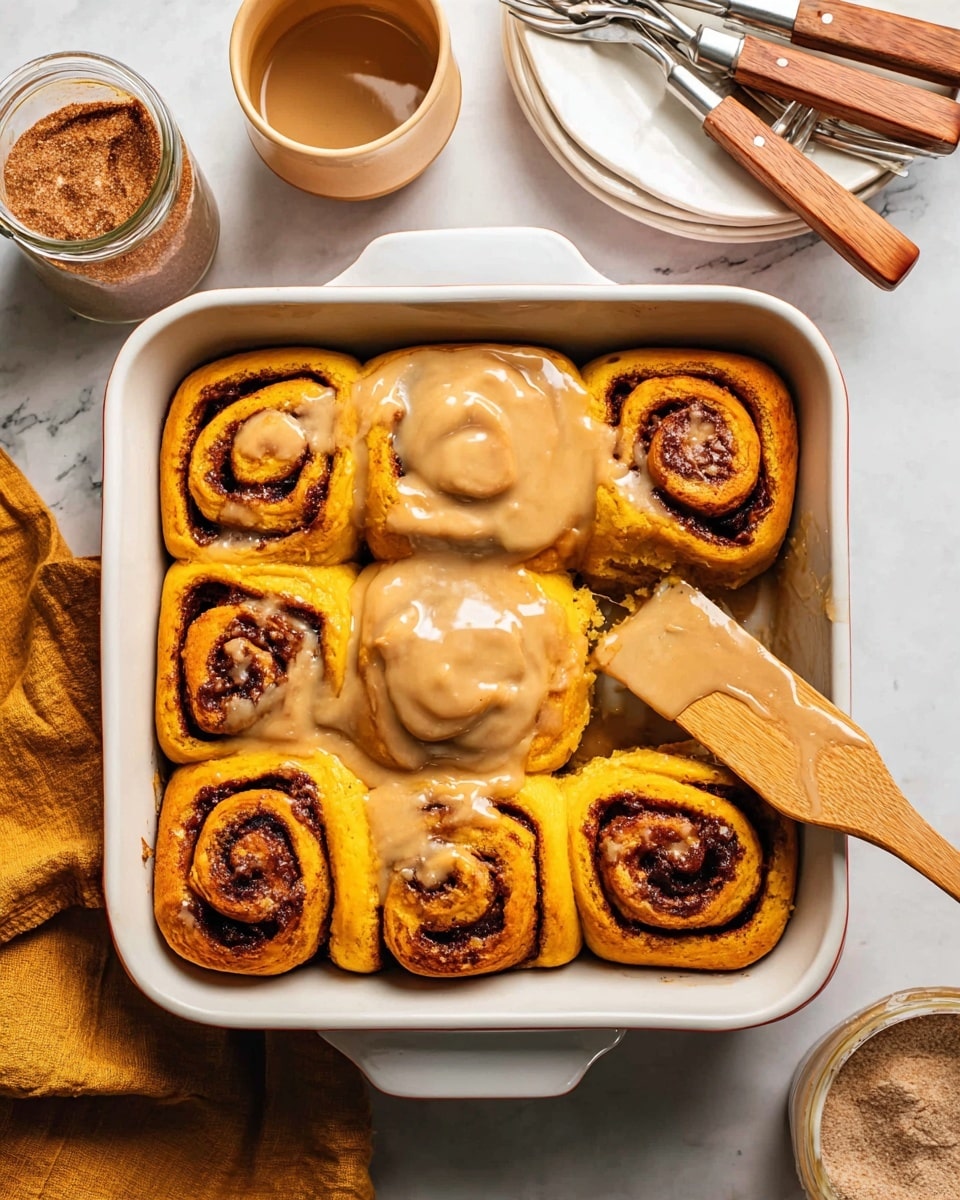 A white rectangular baking dish holds eight pumpkin cinnamon rolls, arranged in two rows of four. The rolls have a deep orange color with visible swirls of dark cinnamon filling. Half of the rolls are topped with a thick, smooth, light brown glaze being spread by a wooden spatula resting on top. The dish is set on a white marbled surface. Nearby, there are a small beige bowl with light brown glaze, a jar with brown sugar, and a white plate holding three silver forks with wooden handles. photo taken with an iphone --ar 4:5 --v 7
