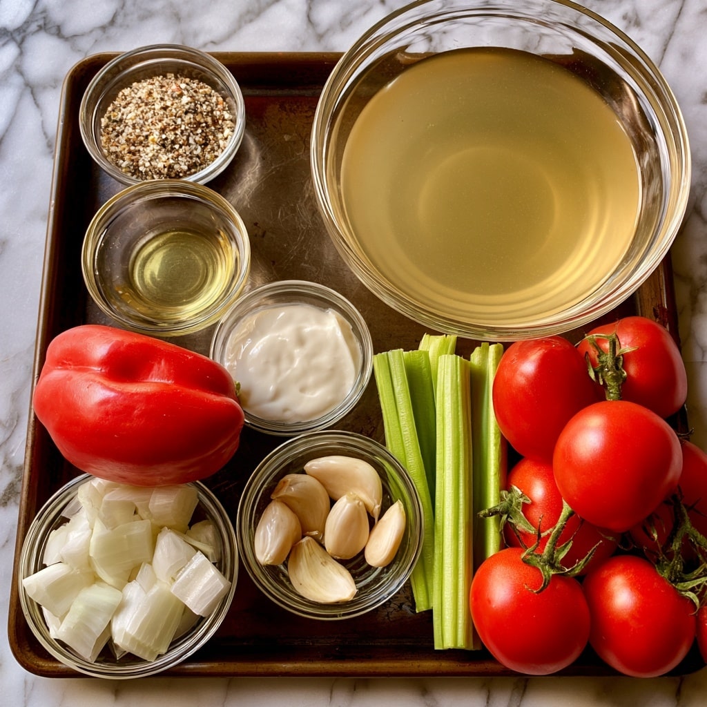 A large clear glass bowl filled with pale yellow broth sits near the top right of a dark brown tray, with smaller clear glass bowls arranged around it. At the top left of the tray is a small bowl holding mixed dry seasoning in light brown, white, and black specks. Below it is a small bowl with light golden oil, next to a bowl of white cream. Near the bottom right, there is another small bowl with six peeled garlic cloves, next to bright green celery stalks standing upright. A bunch of vivid red tomatoes with green stems rests at the bottom right corner of the tray. At the bottom left, a bowl holds quartered white onion pieces while a whole bright red bell pepper lies above it. The tray sits on a white marbled surface. Photo taken with an iphone --ar 4:5 --v 7