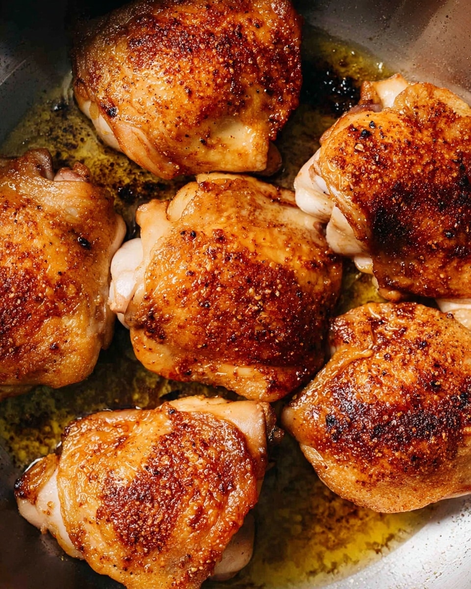 The image shows six pieces of chicken thighs with golden-brown crispy skin, arranged closely together in a round metal pan. Each piece has a lightly charred texture on the top with a mix of darker and lighter brown spots, giving a roasted and seasoned look. There is a thin layer of oil or cooking fat in the pan, adding a shiny reflecting texture to the surface. The edges of some chicken pieces show a bit of creamy white skin and tender meat. The pan background has a slightly worn and blackened area where the chicken has cooked. photo taken with an iphone --ar 4:5 --v 7