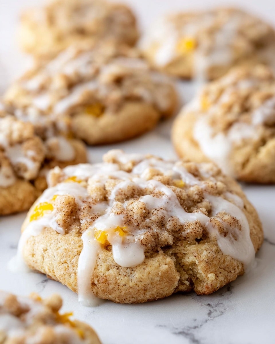 The image shows soft, round cookies with three clear layers. The base layer is light golden and thick, looking soft and fluffy. The middle layer has spots of orange-yellow bits throughout, adding color and texture. On top, there is a crumbly, brown streusel layer with small chunks, which looks dry and crunchy. White glaze is drizzled over the crumbs, dripping down the sides of the cookies. The cookies are placed on a white marbled surface, with more cookies blurred in the background. photo taken with an iphone --ar 4:5 --v 7